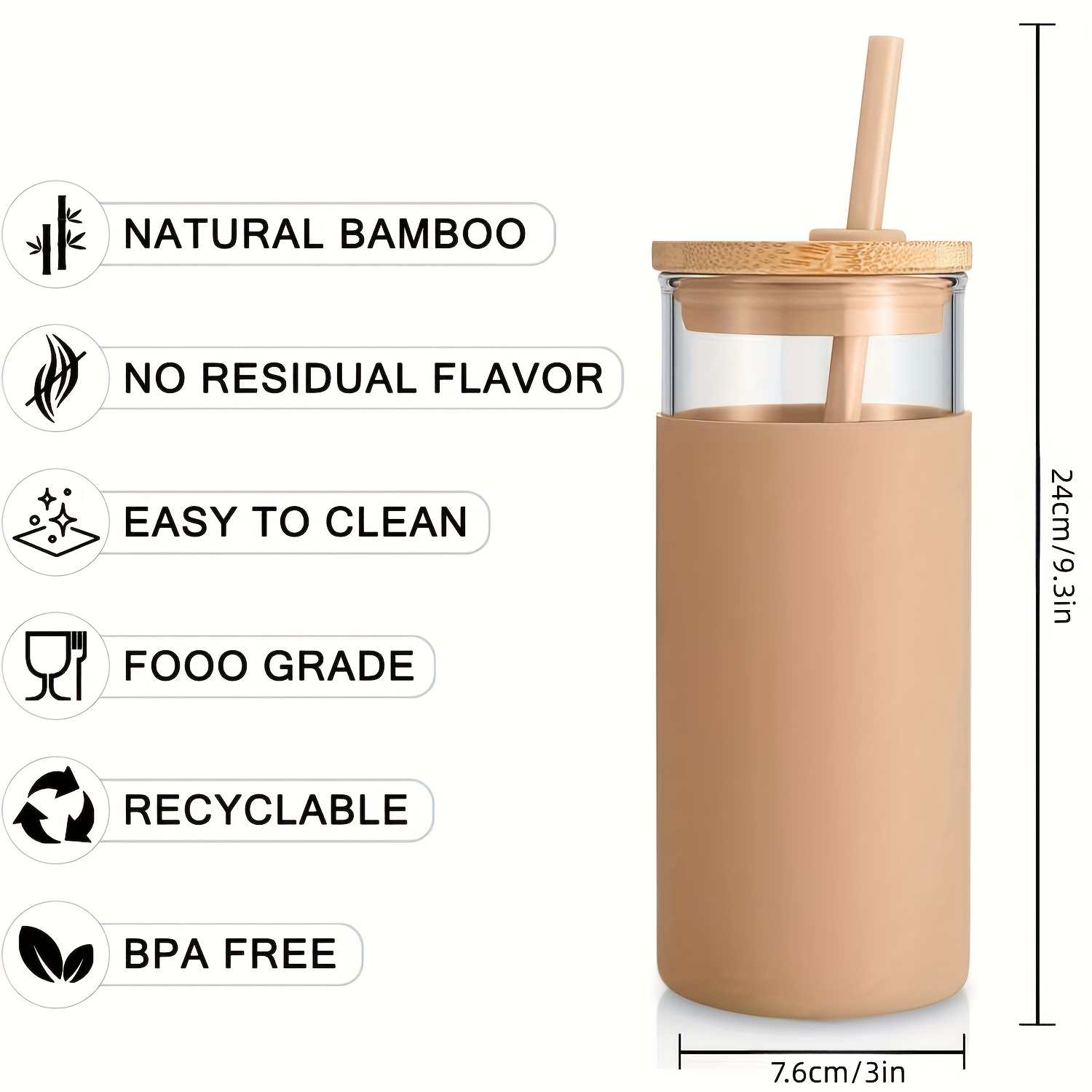 Tronco 24oz Glass Tumbler Glass Water Bottle Straw Silicone Protective Sleeve Bamboo Lid - BPA Free