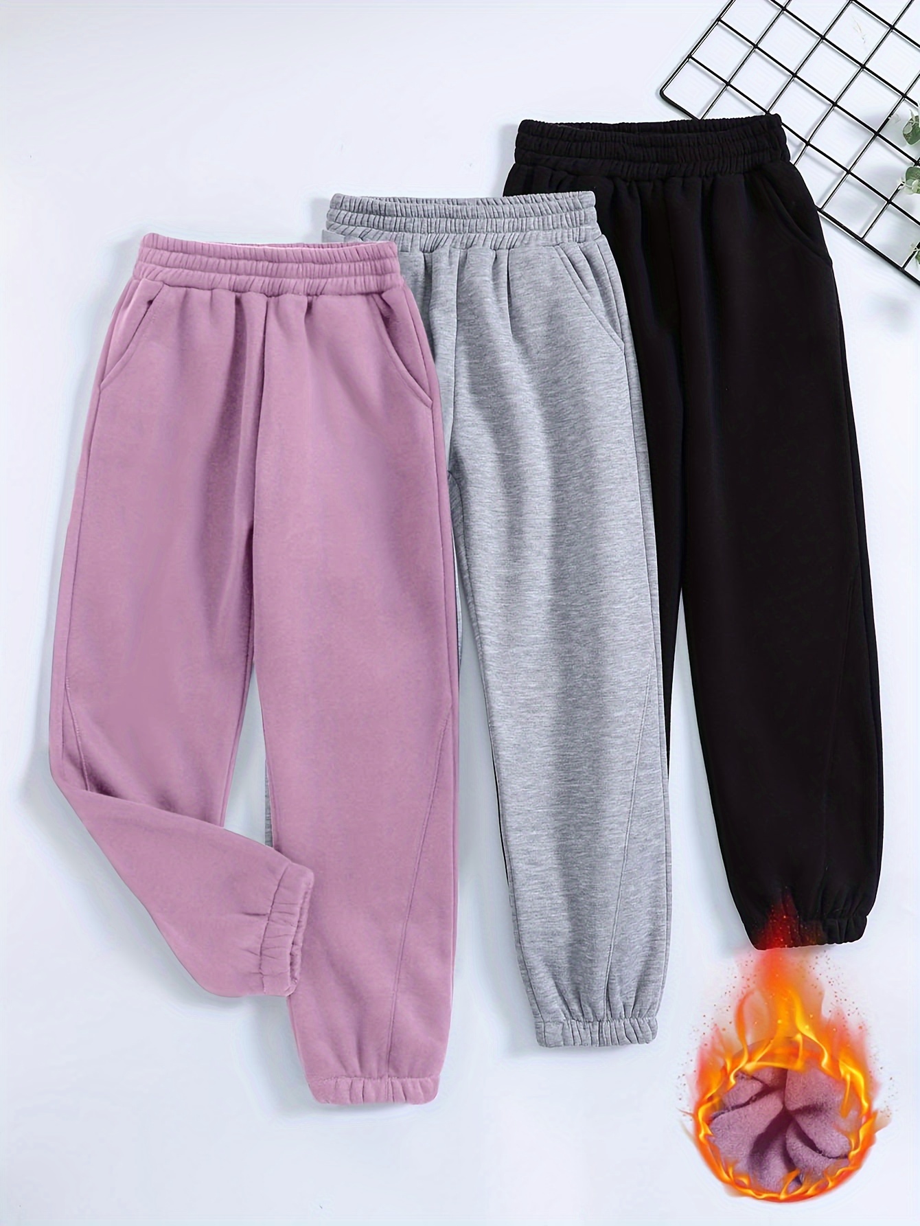 3pcs Girls Solid Casual Sweatpants, Flannel Elastic Waist Fall/ Winter  Everyday Pants, Suitable For 5-12 Years Old