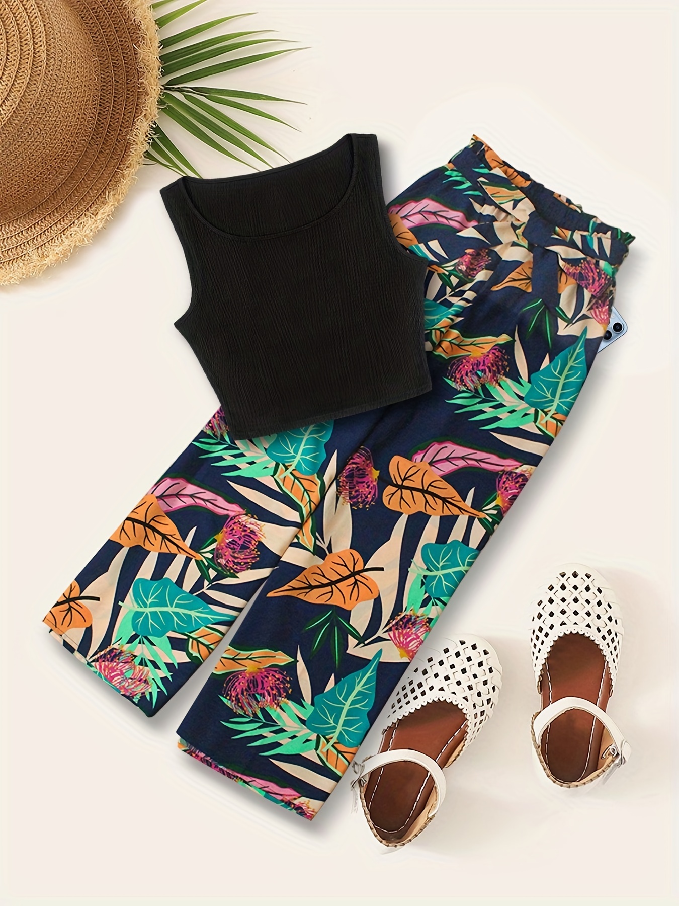 Boho Tank Top & Tropical Print Wide Leg Pants Set