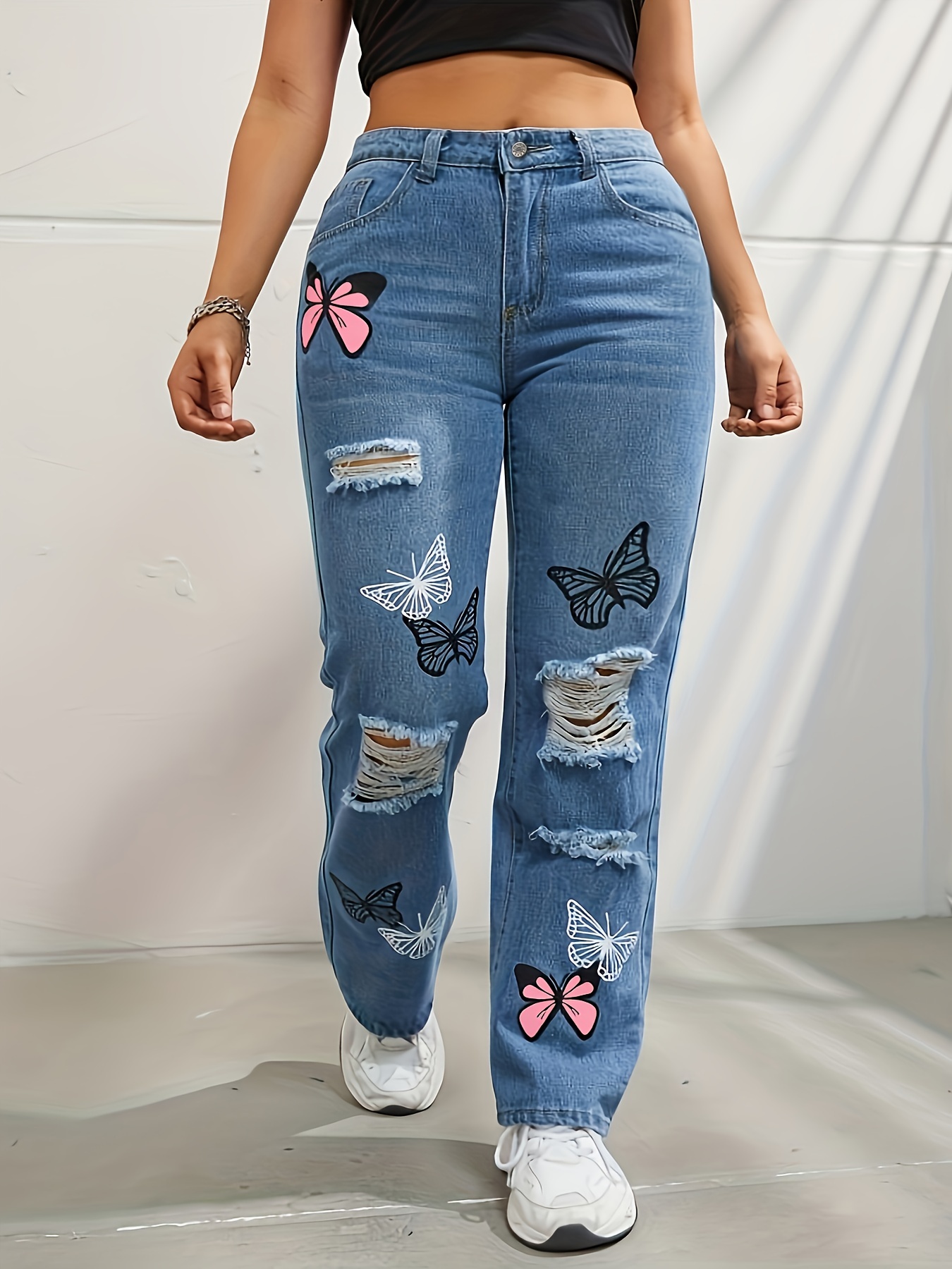 Plus Size Y2k Jeans Women's Plus Butterfly Print Ripped - Temu