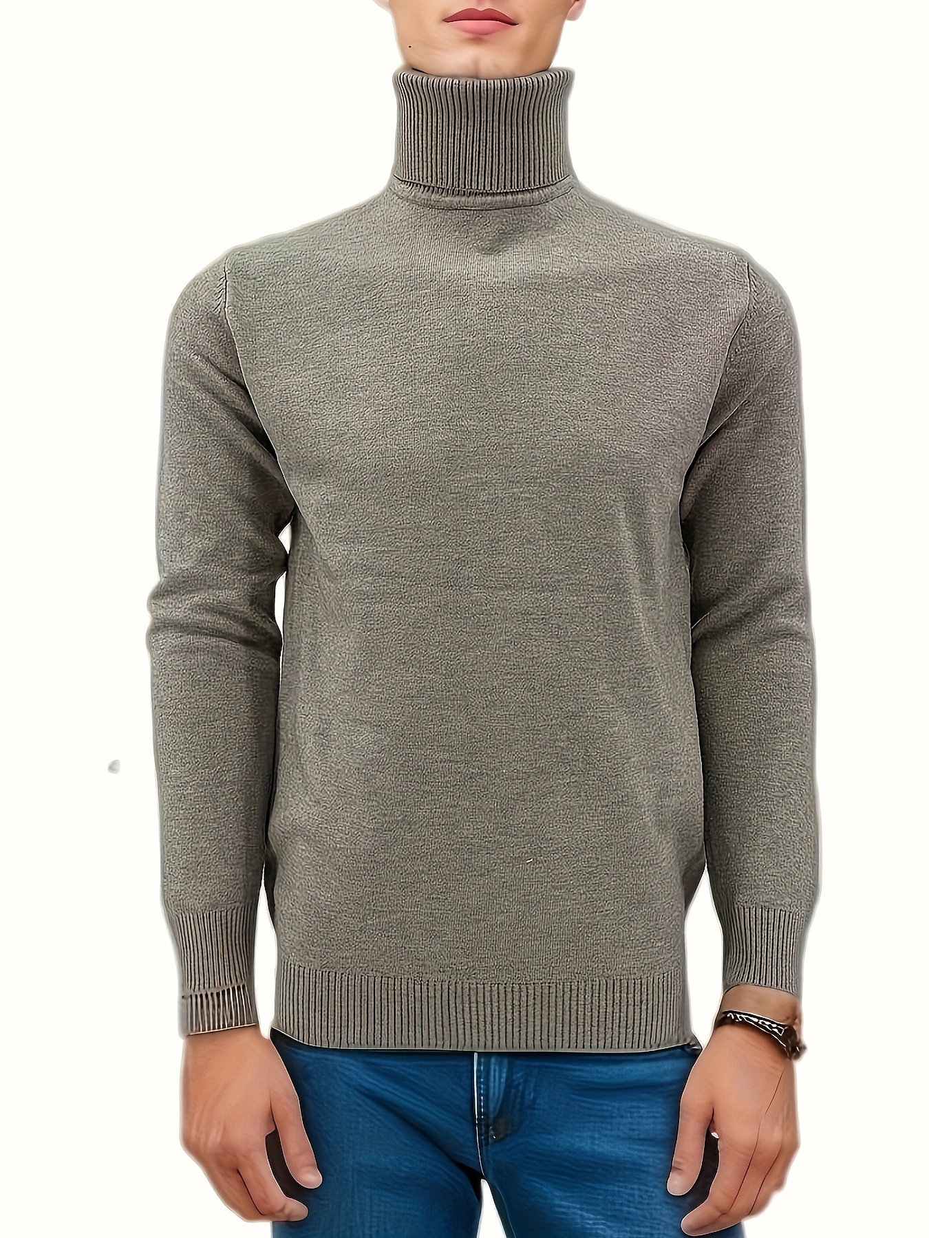 Retro Turtle Neck Knitted Slim Sweater, Men's Casual Warm Slightly Stretch  Pullover Sweater For Fall Winter