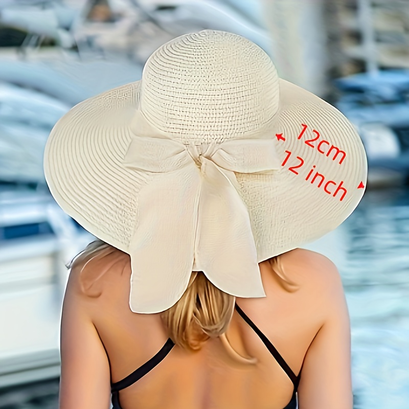 Women's Beach Sunscreen Straw Hat Dotted Twilly Scarf Decor - Temu