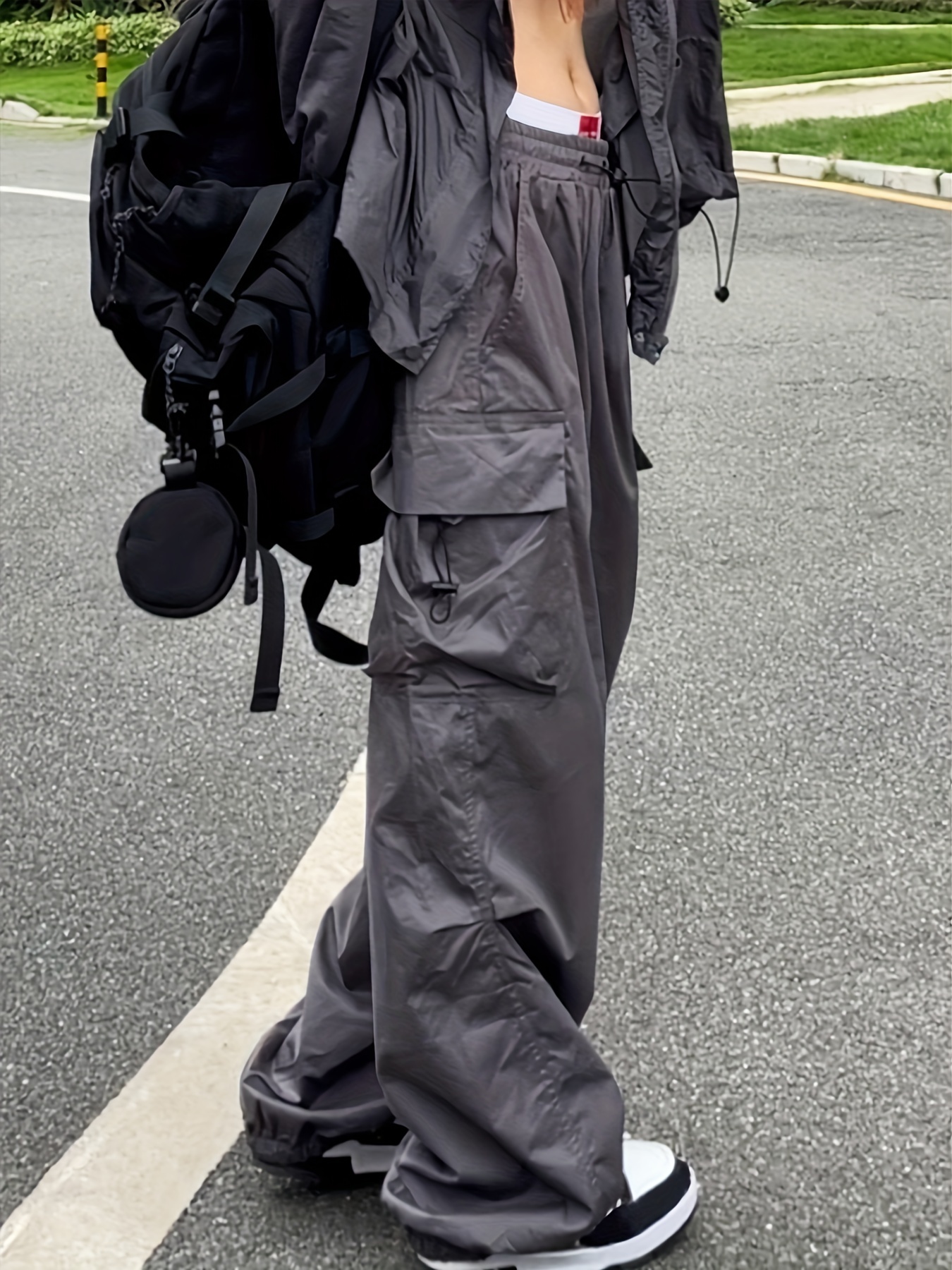 Y2k Low Waist Parachute Cargo Pants Solid Drawstring Baggy - Temu Canada