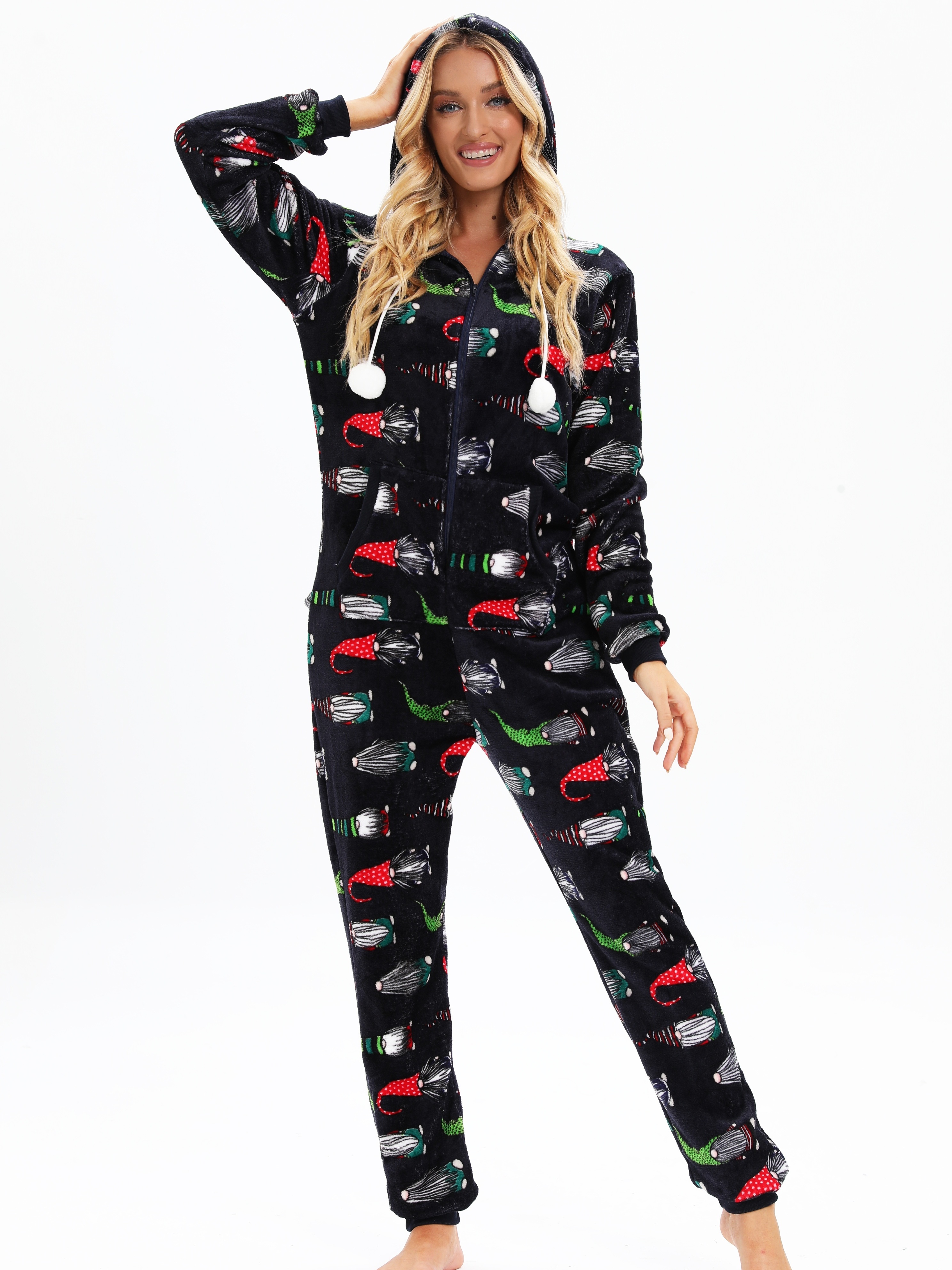 Women Soft Flannel Sleepwear Onesie Pajamas Warm Holiday Hooded Jumpsuit  Zip Front Polar Puppy Print