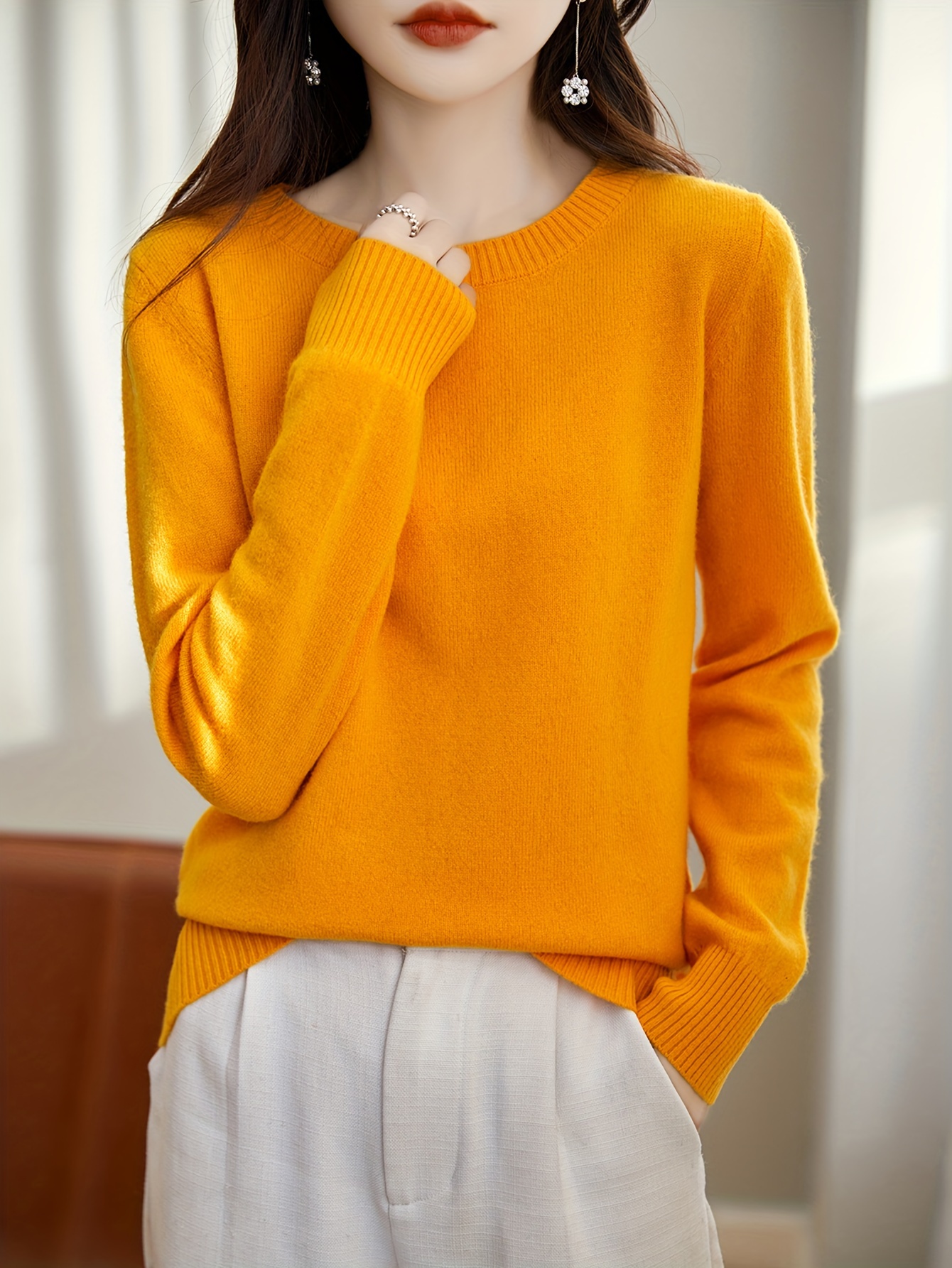 solid crew neck wool pullover sweater elegant long sleeve cozy sweater womens clothing orange red 3