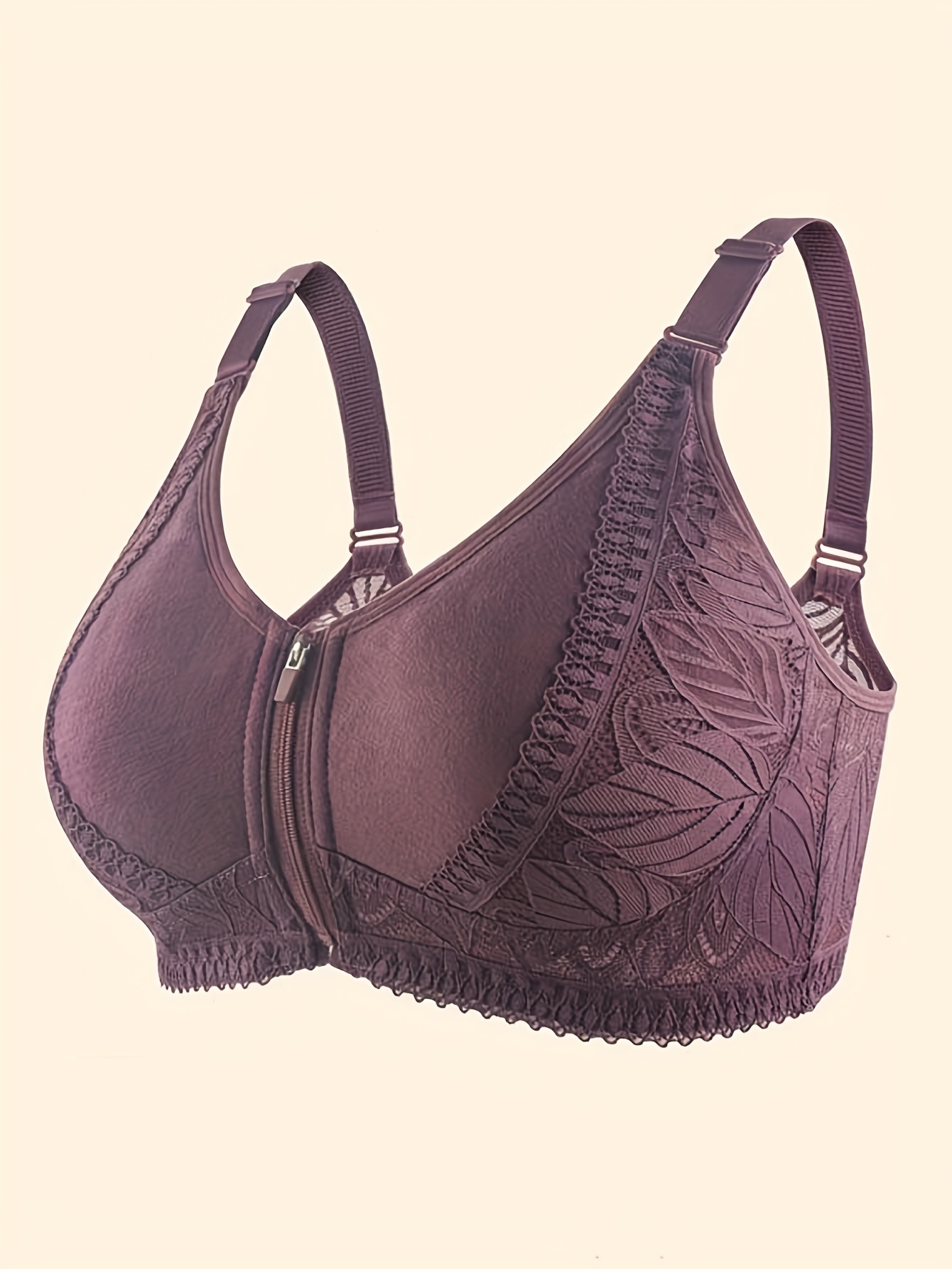 Leaf Pattern Lace Stitching Bras Comfy Breathable Zip Front - Temu