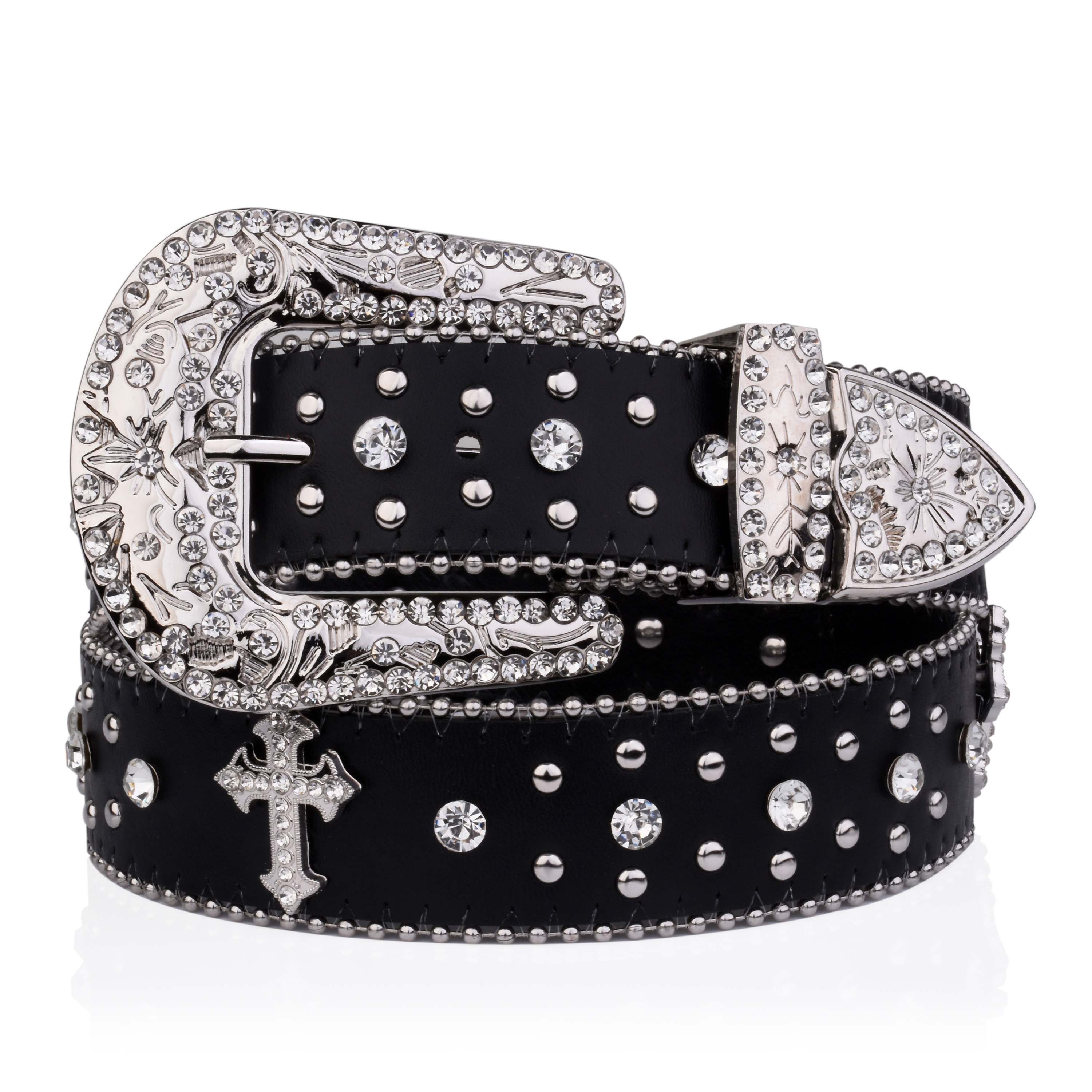 Cross Rivet Pu Leather Belt Western Carved Buckle Y2k Rhinestone