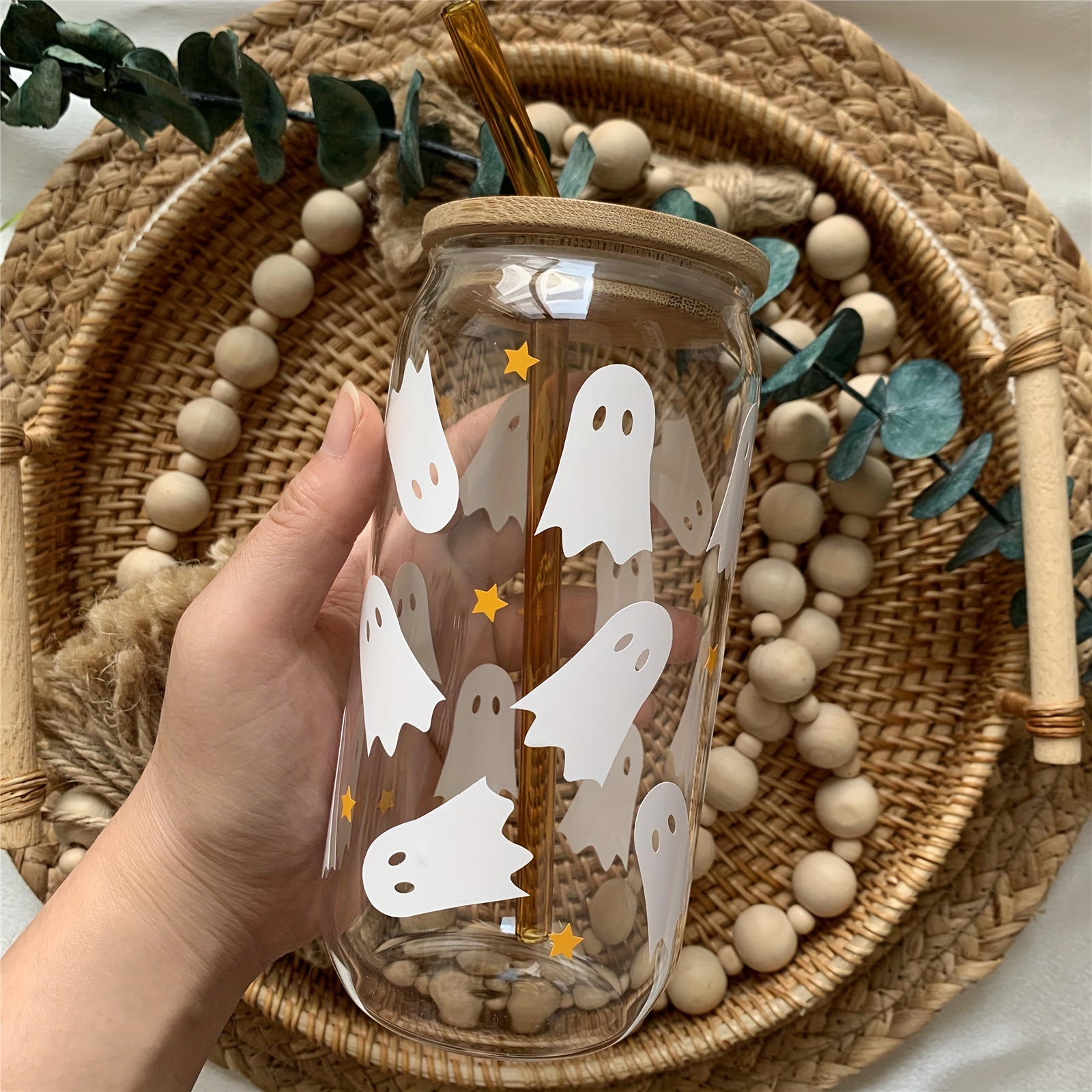 Ice Coffee Cup With Bamboo Lids And Glass Straw, Ghost Pumpkin Bat And  Skull Pattern Glass Cup Sublimation Boho Printed Beer Can Glasses,  Halloween Gifts Halloween Christmas Decorations - Temu