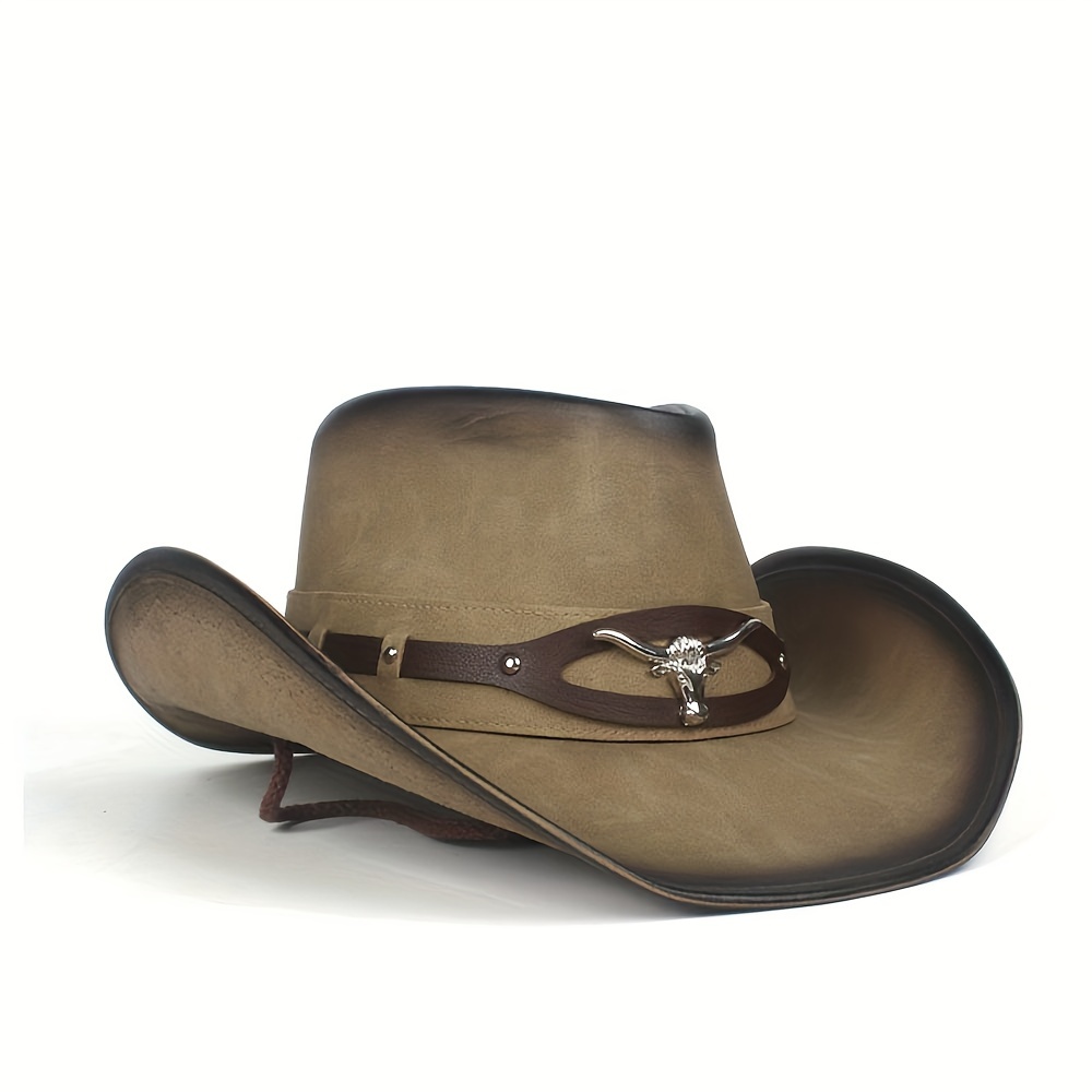 Dark Khaki Vacation Leather Hat, Men's Cowboy and Western Style Fedora Hat,Temu