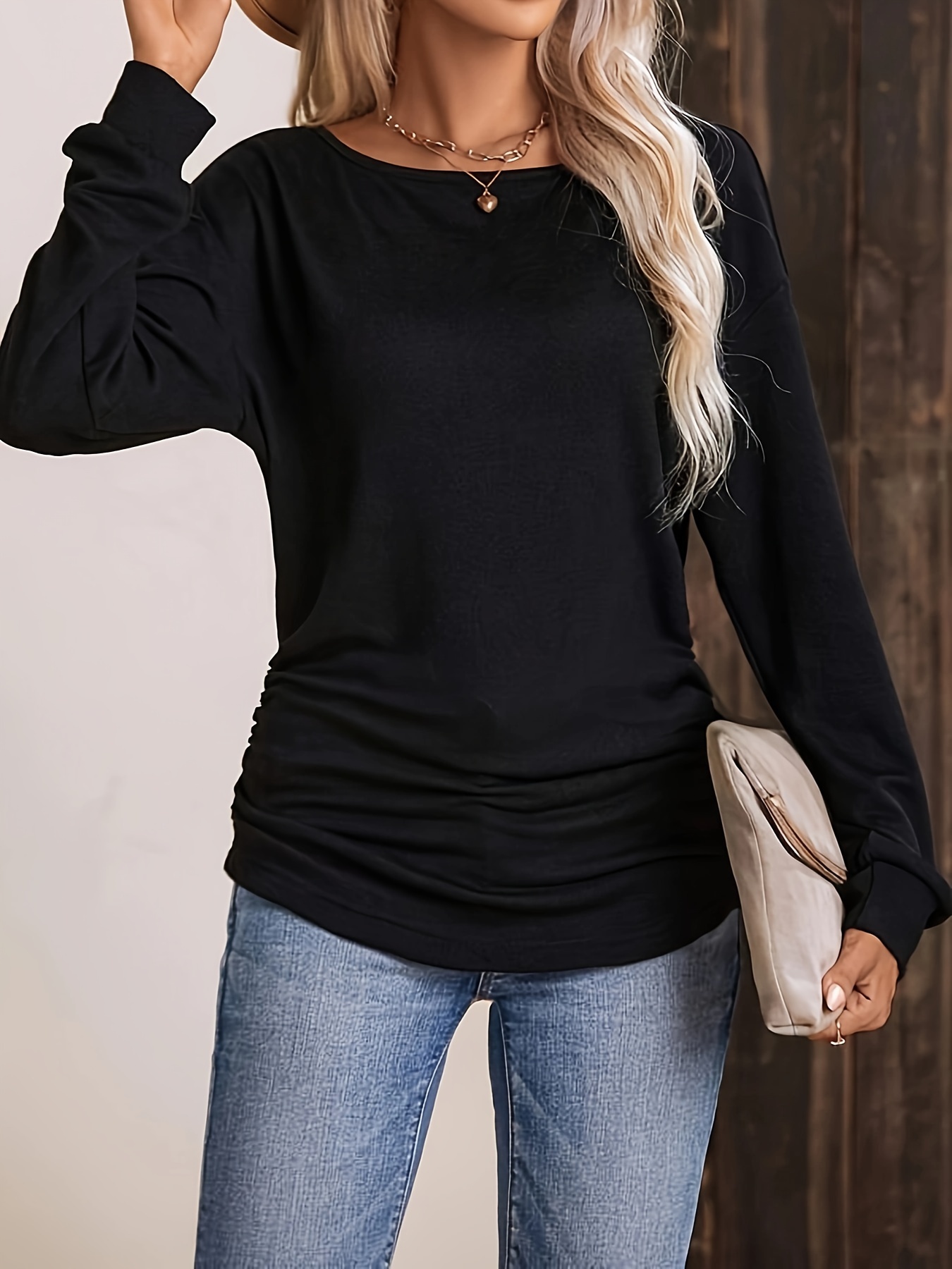 Solid Ruched Crew Neck T-Shirt, Elegant Long Sleeve Top For Spring & Fall,  Women's Clothing