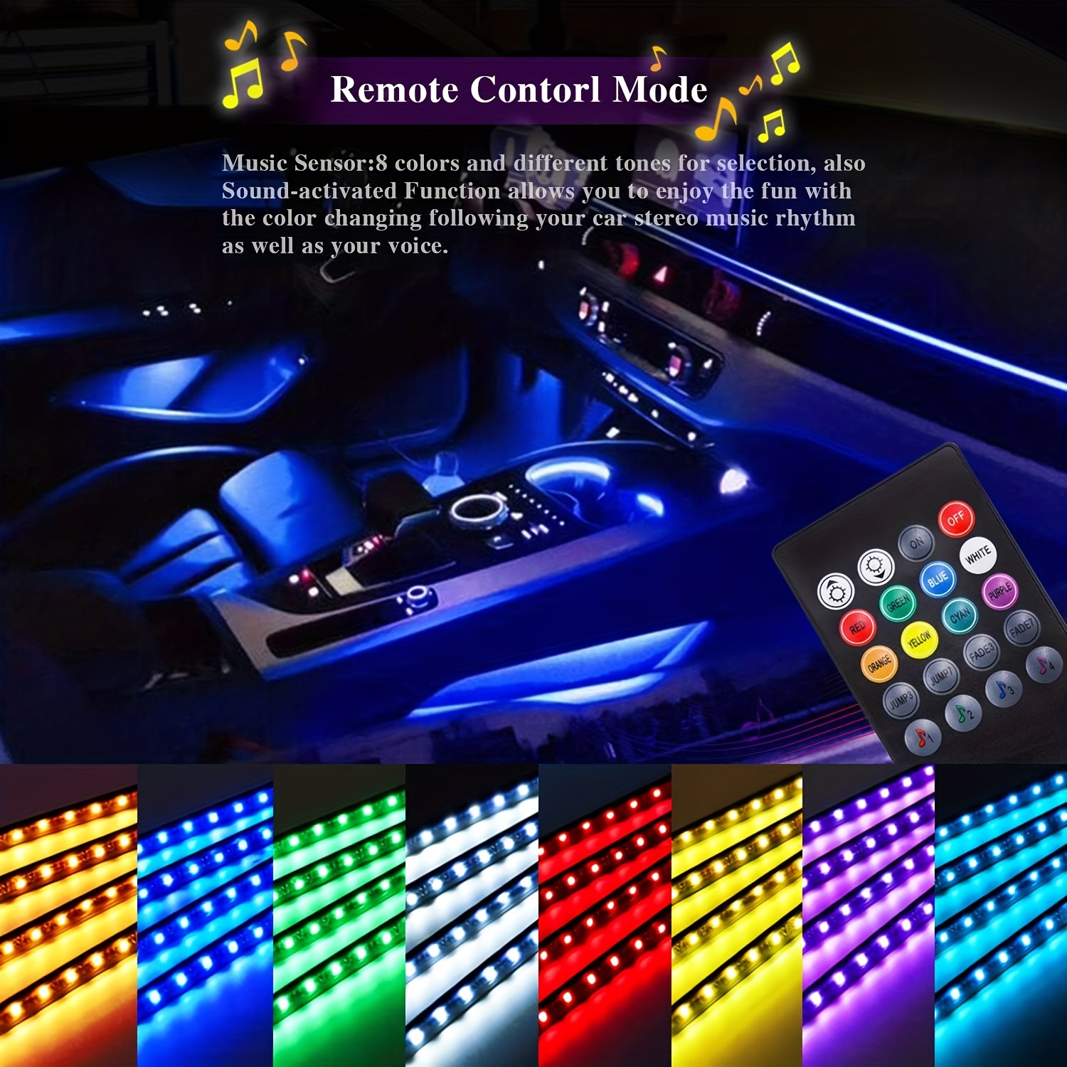 12 LED Multicolor Music Controlled Sound Activated Car Interior