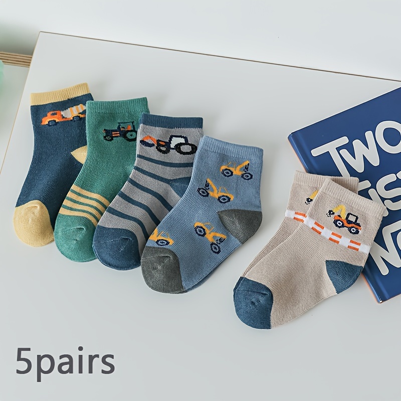 Image of 5 Pairs Of Children's Socks In Autumn, New Cartoon Car, Boys' Baby Striped Socks, , Boys' Socks