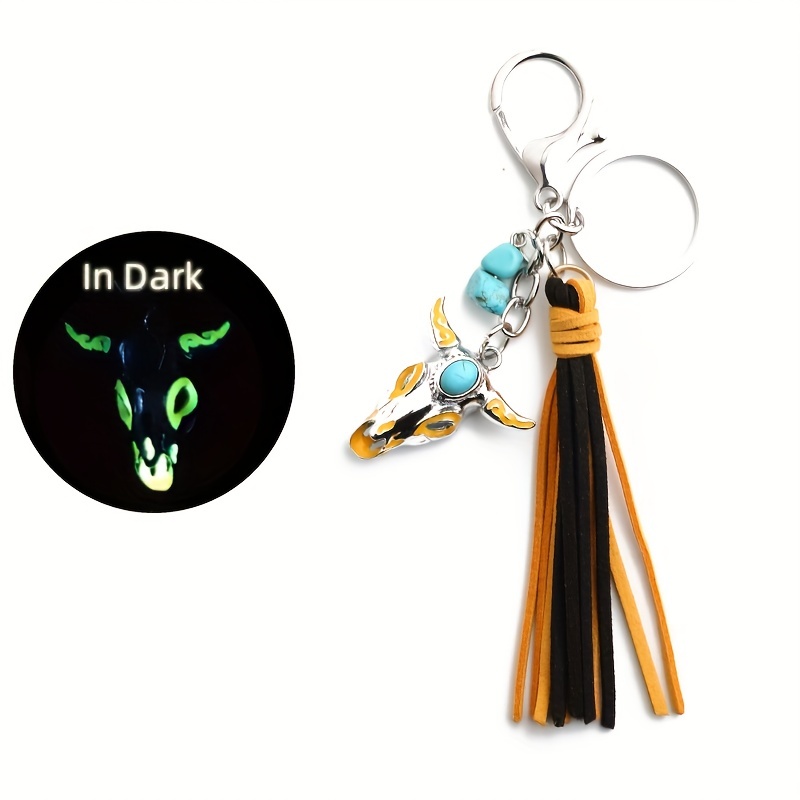 RHINESTONE COW SKULL KEYCHAIN WITH TASSEL