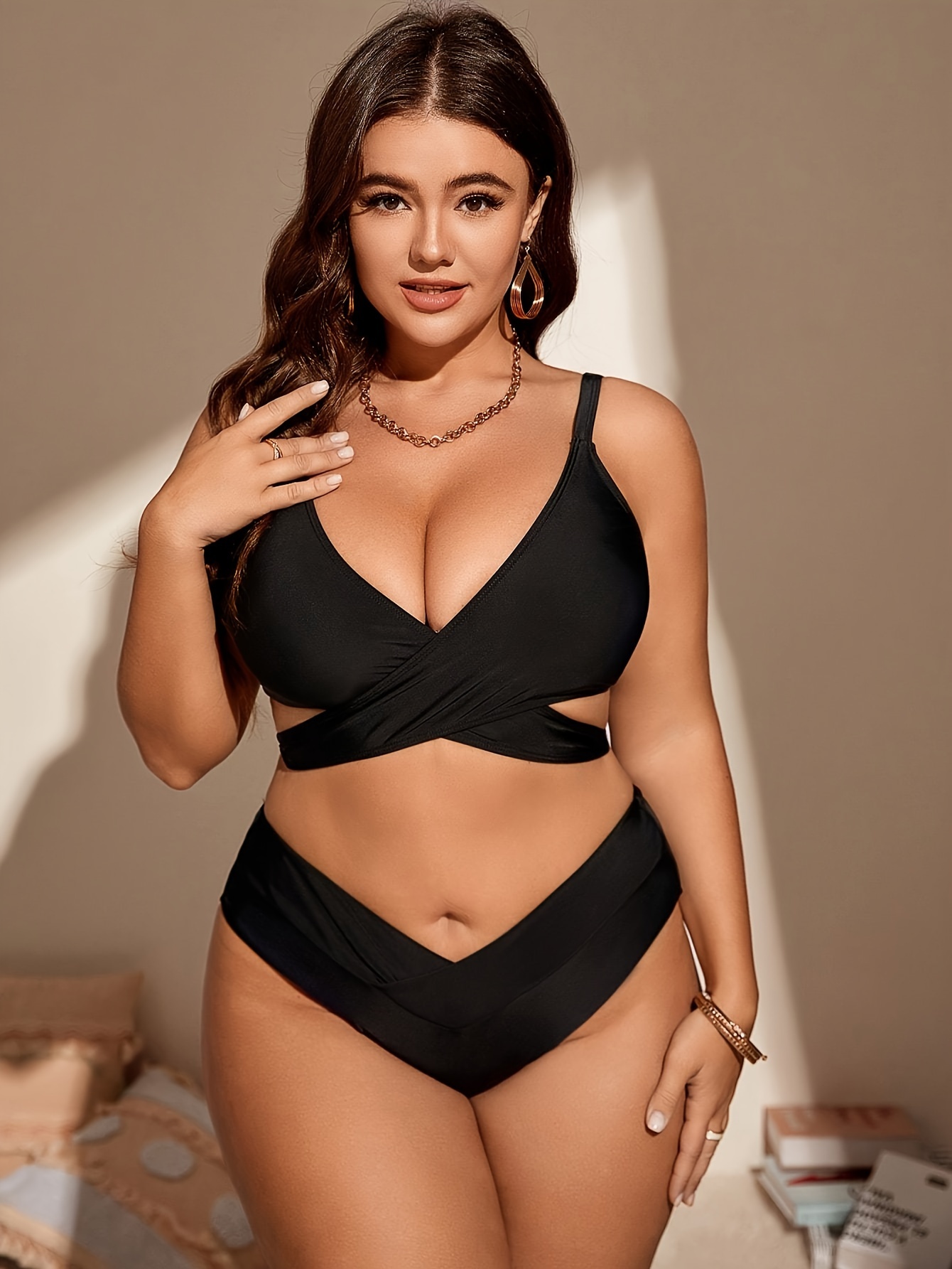 Plus Size Sexy Bikini Set Women's Plus Solid Textured Bow - Temu