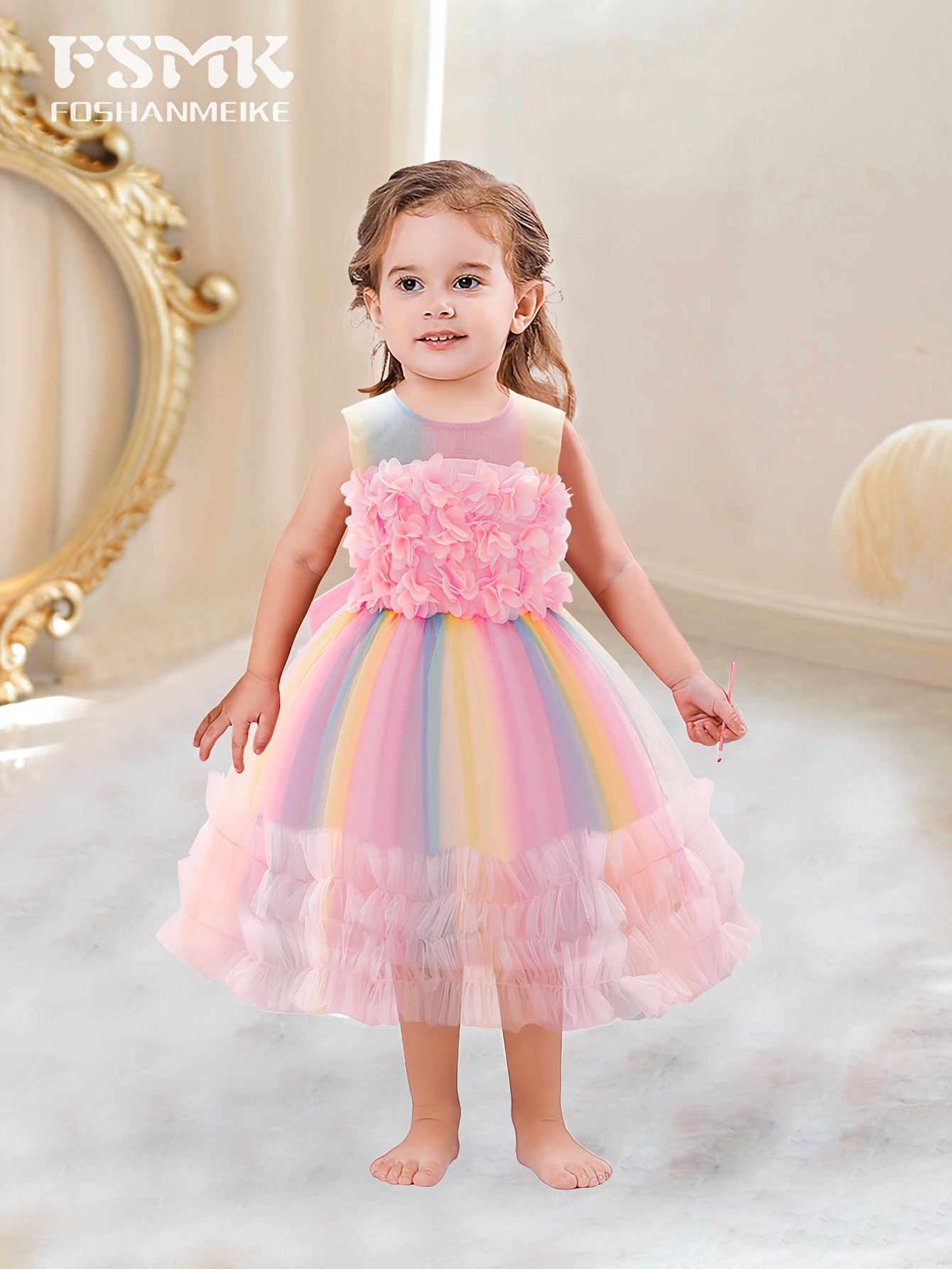 Filles Arc-en-ciel Licorne Fantaisie Princesse Robe Enfants Flower Pageant  Party Robe Sans manches Volants Robes