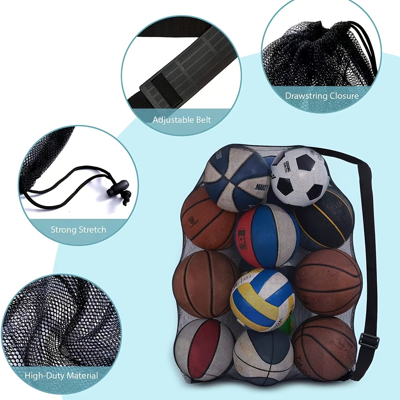Bolsa de equipo de malla extra grande con cordón ajustable para 15 pelotas  de fútbol, netball, baloncesto, fútbol, bolsa de deporte