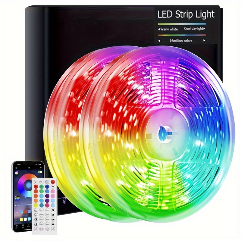 DAYBETTER - Luces LED de 65.6 pies, tira de luces LED RGB 5050 flexibles  que cambian de color, 2 rollos de luces LED de 32.8 pies para decoración de