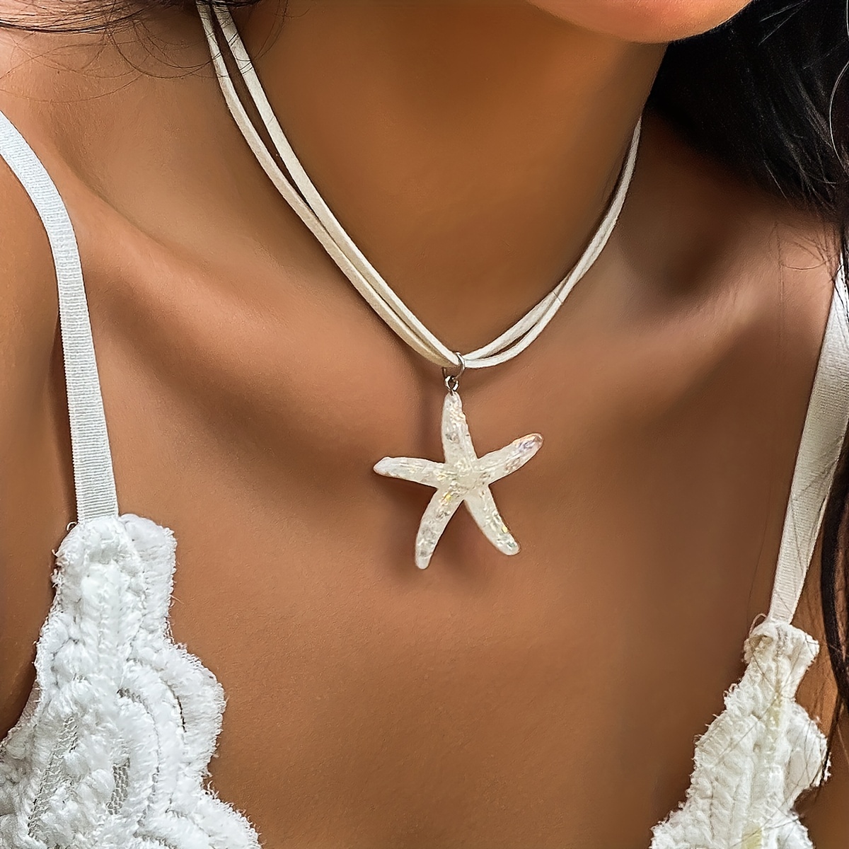 

Vintage Beach Starfish Pendant Multilayer Velvet Chain Necklace Holiday Simple Necklace