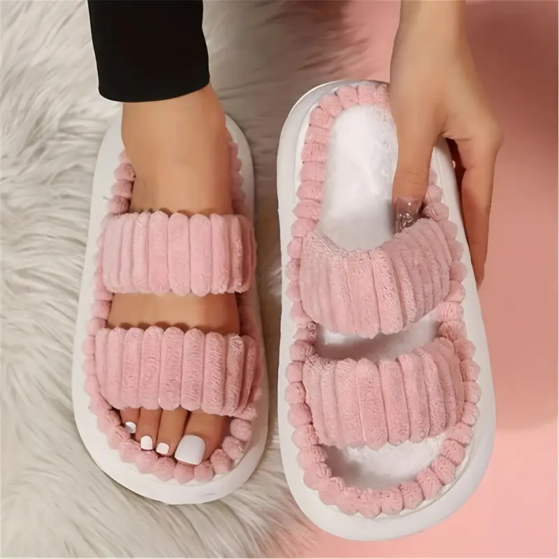 womens double straps plush slippers solid color open toe non slip comfy slides shoes fashion indoor platform slippers 2