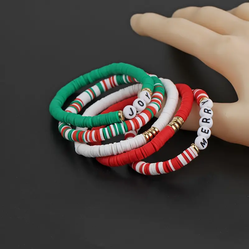 5pcs Colorful Soft Clay Beads Beaded Bracelet Set Stackable Hand String Christmas Xmas Gift,Temu