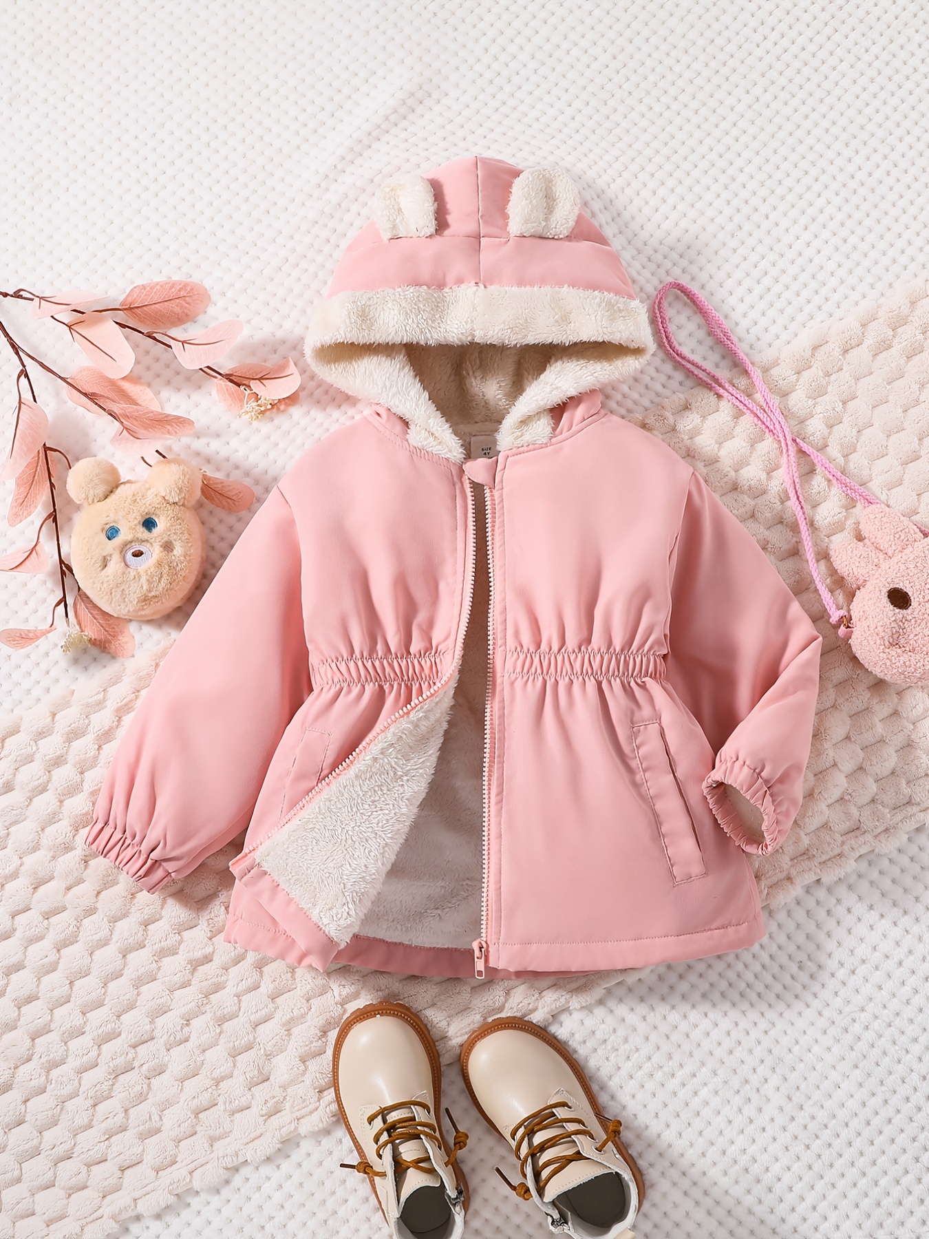 Girls Cute Bunny Ears Design Thermal Fleece Lined Tunic Coat, Kids Clothing  For Winter, Gift Idea