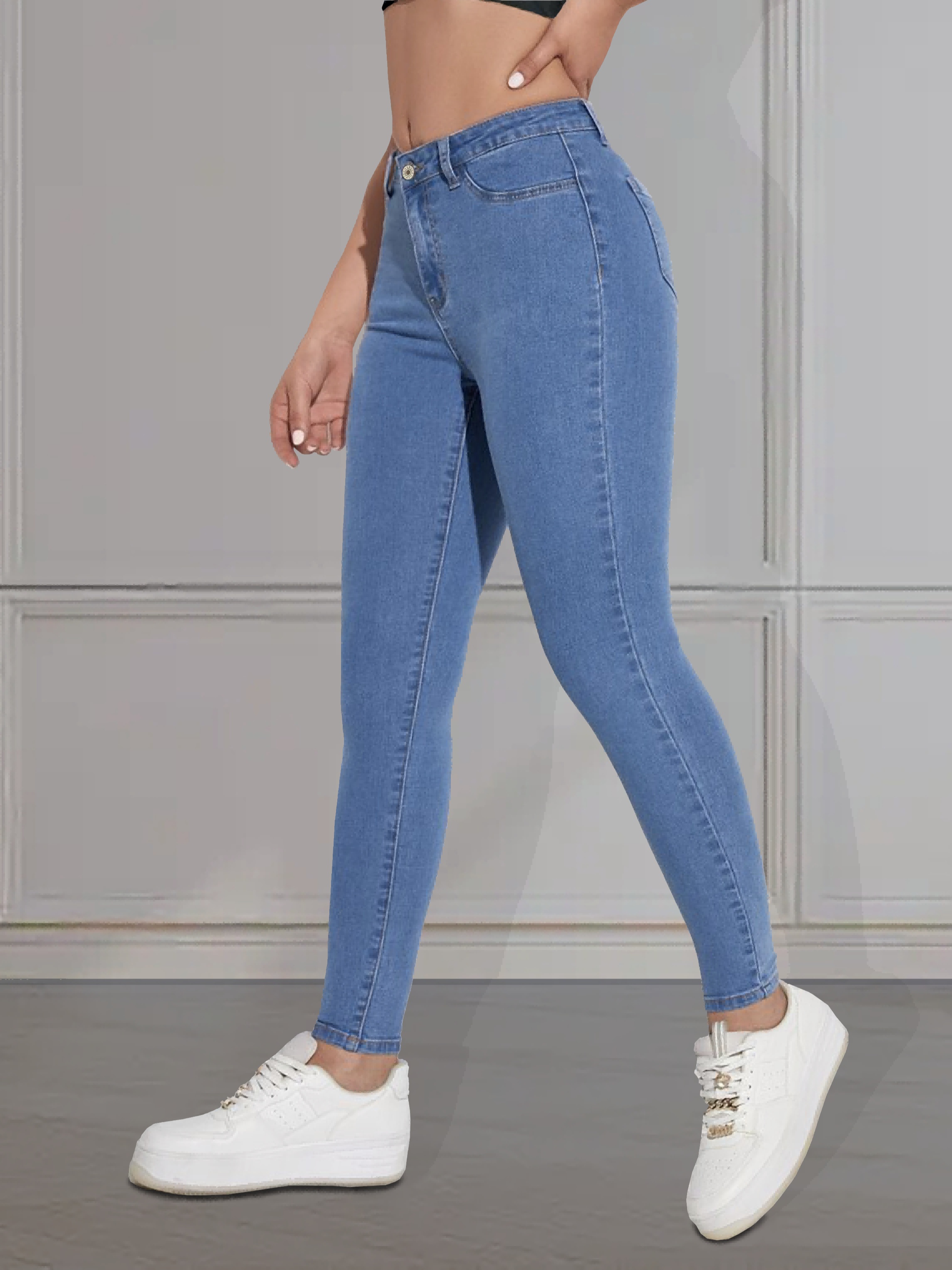 Blue High Stretch Skinny Jeans Slim Fit Slant Pockets - Temu