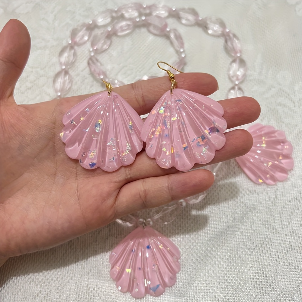 4pcs Earrings Necklace Plus Bracelet Coquette Style Pink Jewelry Set Trendy  Shell Design Match Daily Outfits Cosplay Accessories For Party