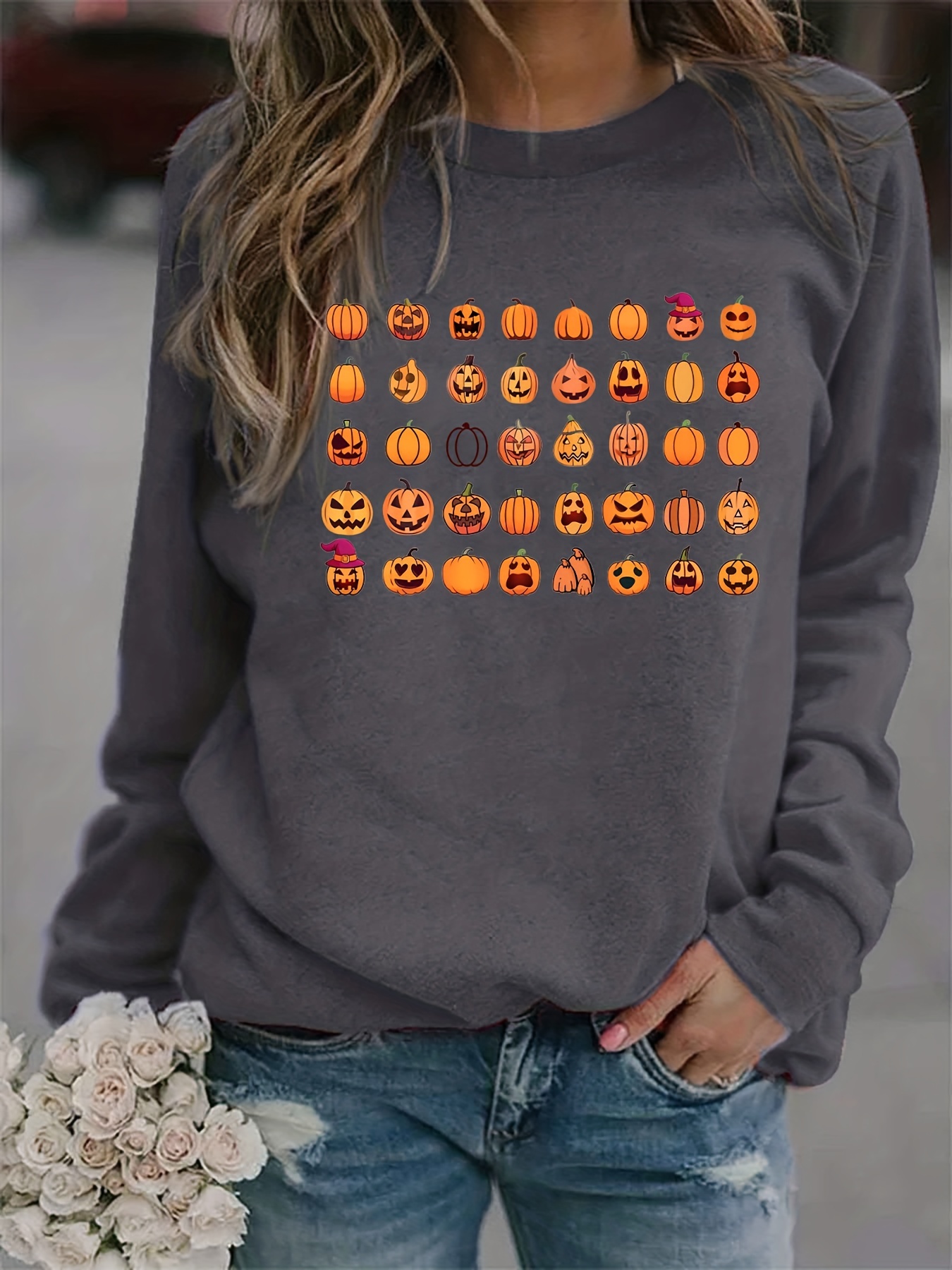 Halloween Pumpkin Print Sweatshirt Casual Long Sleeve Crew - Temu Norway