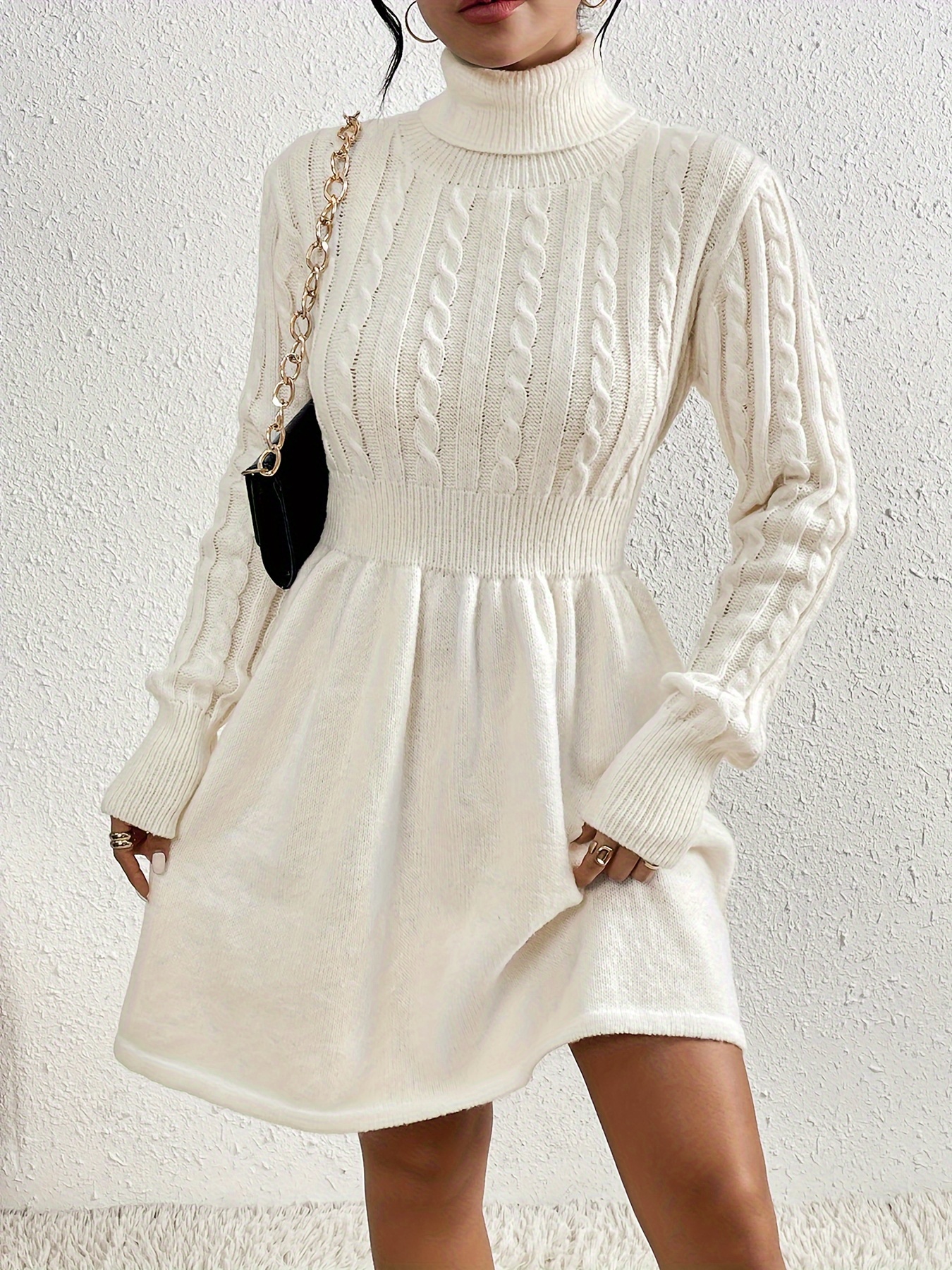 cable knit sweater dress elegant turtleneck long sleeve dress womens clothing details 1