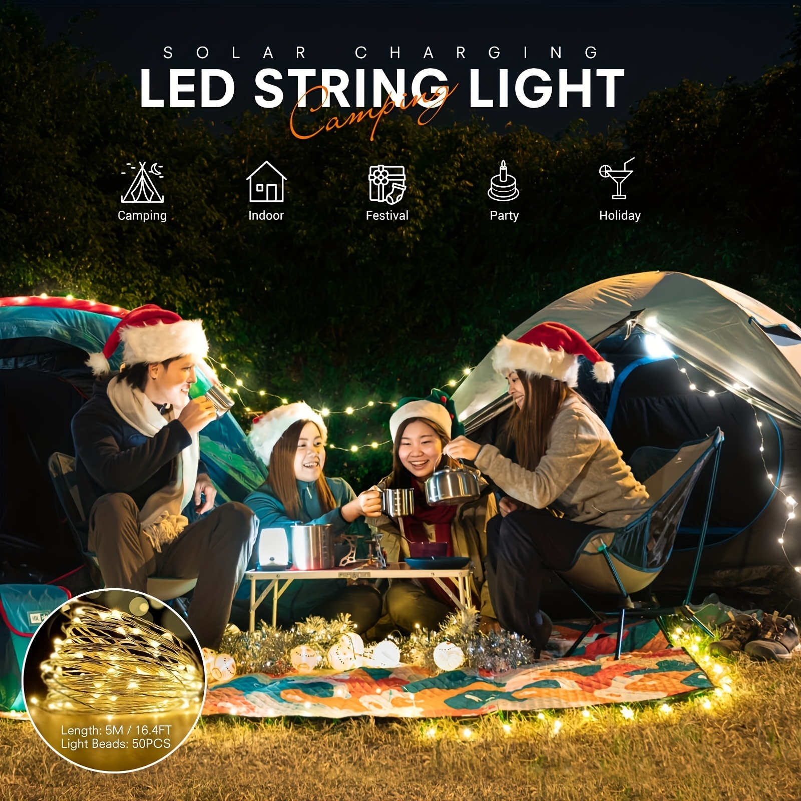 1pc Solar String Light With Camping Lantern Rechargeable And