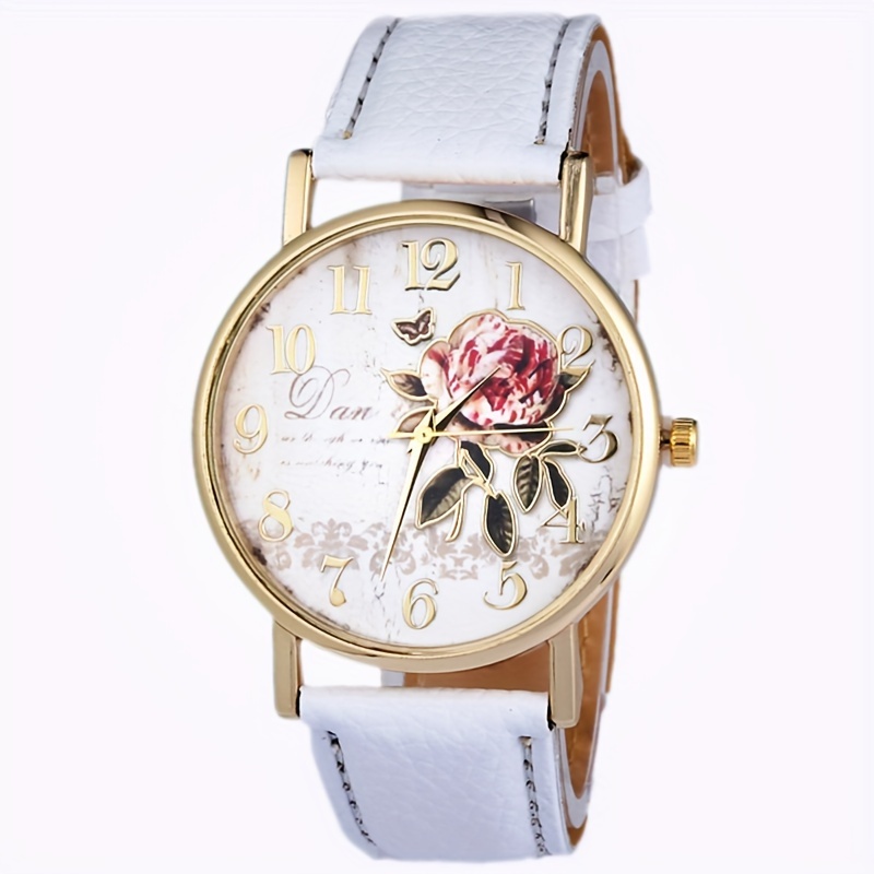 fashion casual rose flower dial quartz wrist watch ideal choice for gifts white 6