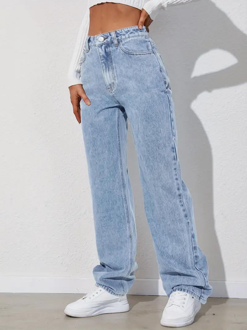 Light Blue Versatile Straight Jeans, Loose Fit Slash Pockets Baggy Denim  Pants, Women's Denim Jeans & Clothing