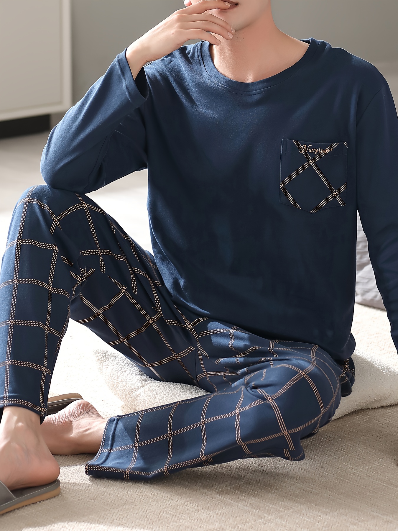 Men's Simple Style Cotton Casual Pajamas Thin Sets, Solid Long Sleeve Crew Neck With Chest Pocket Top & Loose Checkered Pants Lounge Wear, Outdoor Sets For Spring Autumn