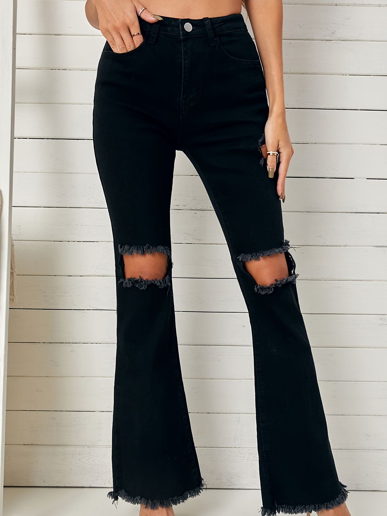 Hem Multi Ripped Cut Out Buckle Front Bootcoot Jeans - Temu
