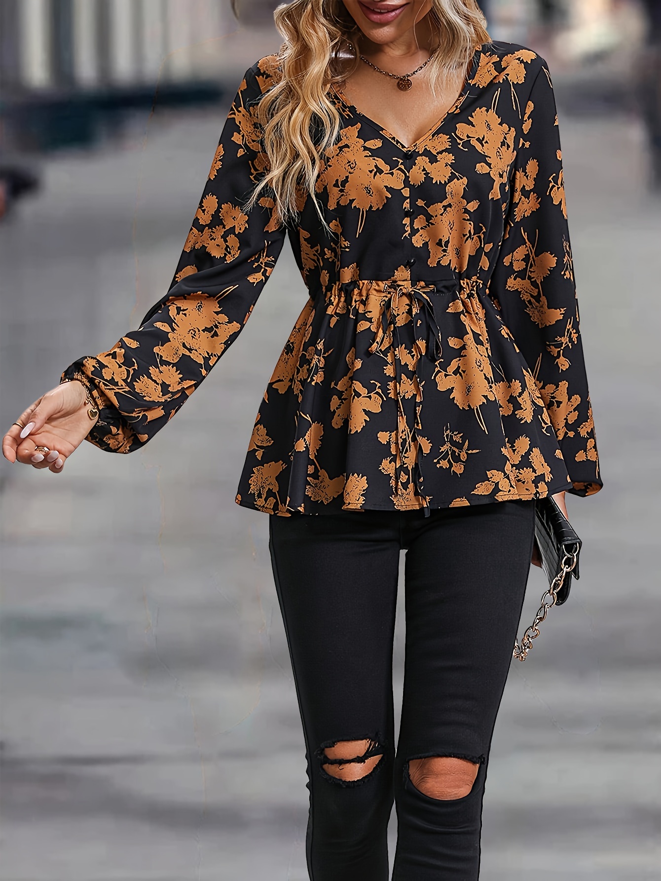 blusa cintura anudada cuello estampado floral blusa Temu Peru