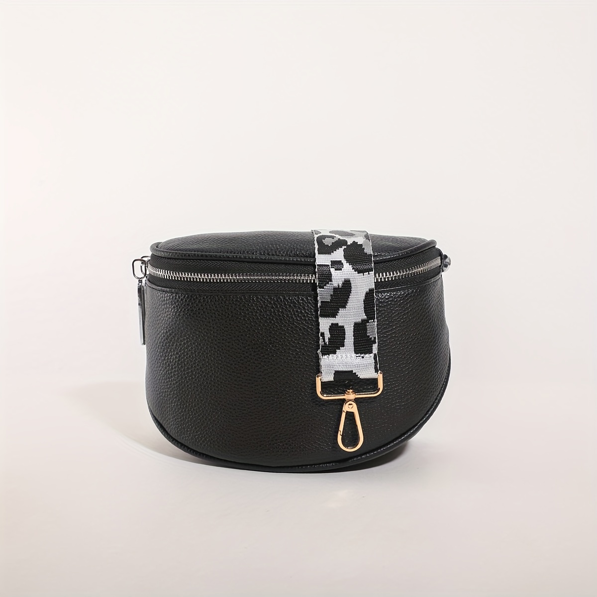 Dark Grey Leather Cross-body Bag With Grey Leopard Strap 