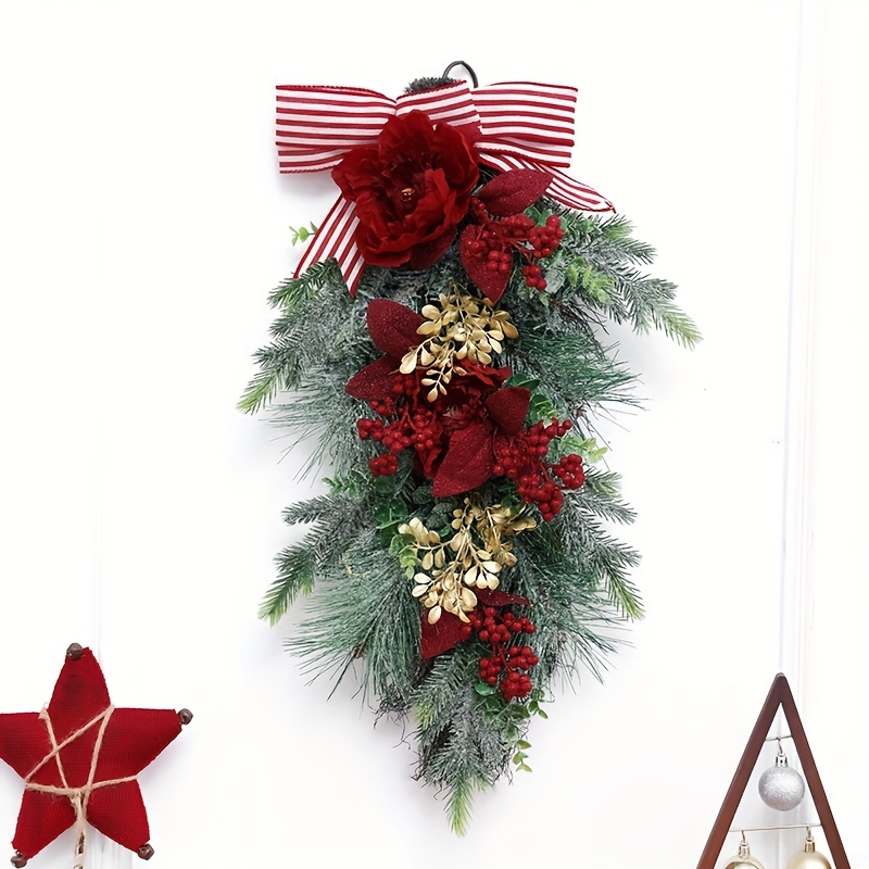 20inch Artificial Christmas Teardrop Swags, Stair Door Swags Christmas  Wreath Hanging Ornament, Ribbon Bowknot For Indoor Outdoor Home Decor