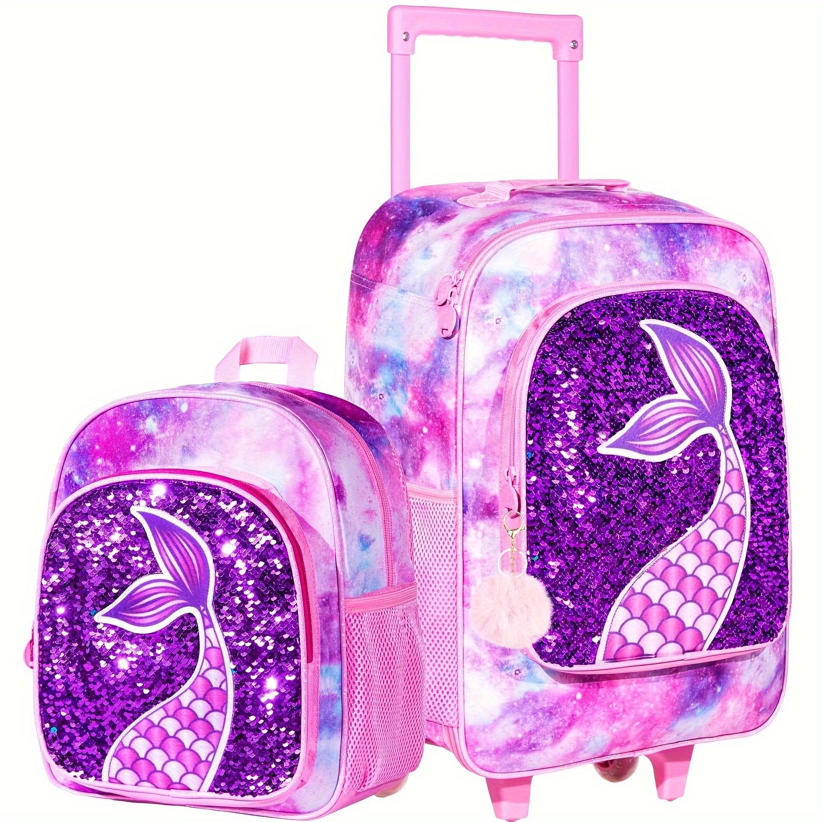 2 piezas, mochila con ruedas, maleta de viaje con diseño de unicornio con  arcoíris y cola de pez de sirena, ideal para niñas pequeñas
