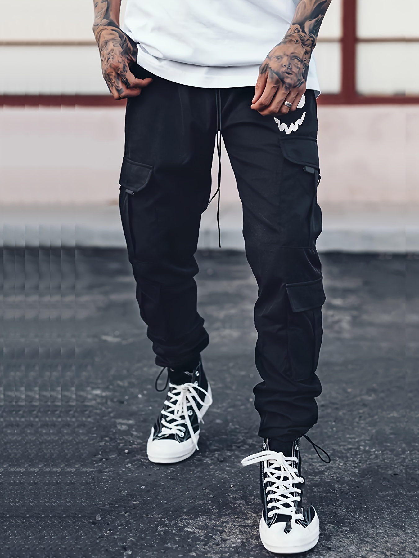 Black Cargo Pants Outfits for Men, Flap Pocket Side Trousers Streetwear  Baggy Jogger Pants