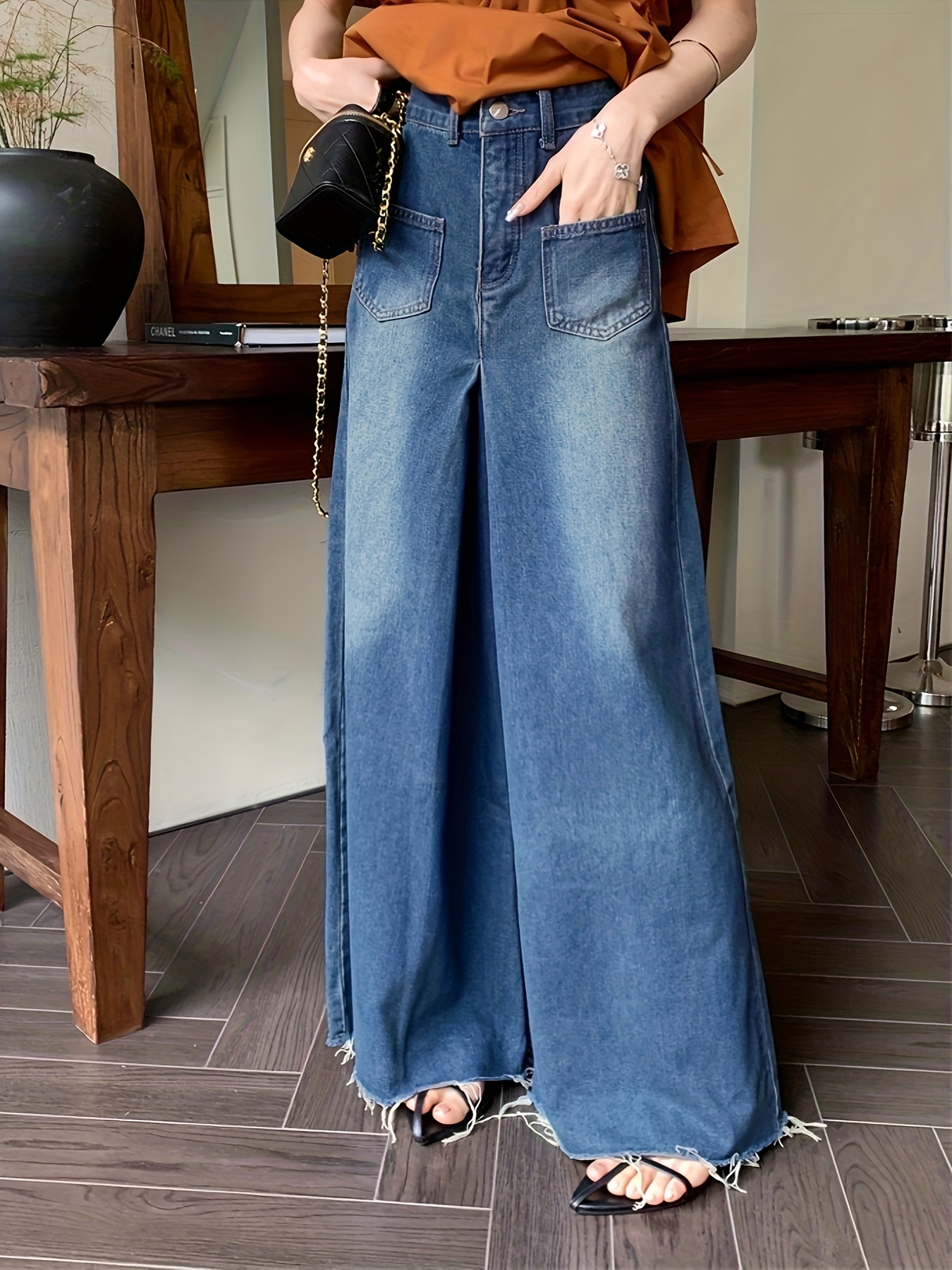 Blue Hem Baggy Jeans, Loose Fit Non-stretch Washed Casual Wide Legs Jeans,  Women's Denim Jeans & Clothing - Temu Norway