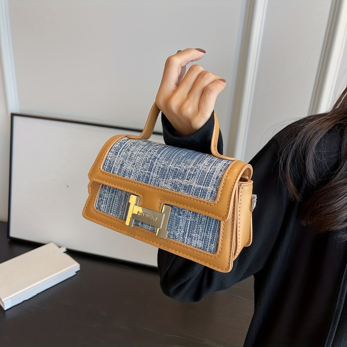 Mini Stitching Satchel Crossbody Bag PU Leather Textured Bag Purse