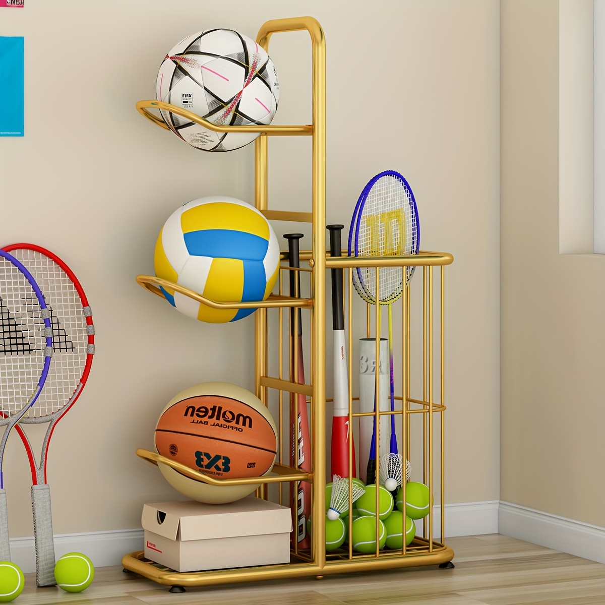 1pc Sports Equipment Storage Rack, Multi-layer Ball Storage Shelf,  Multi-functional Floor Storage Basket For Toys, Balls, Boxing Glove, Table  Tennis A