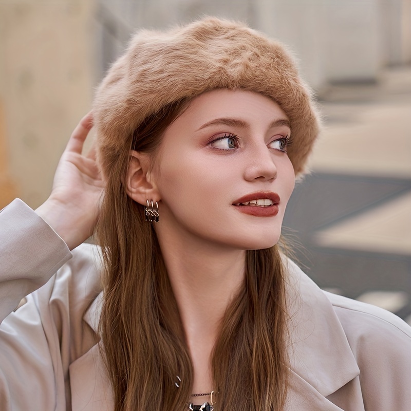 Women Beret Hat Faux Fur Fluffy Solid Soft Warm Autumn Winter