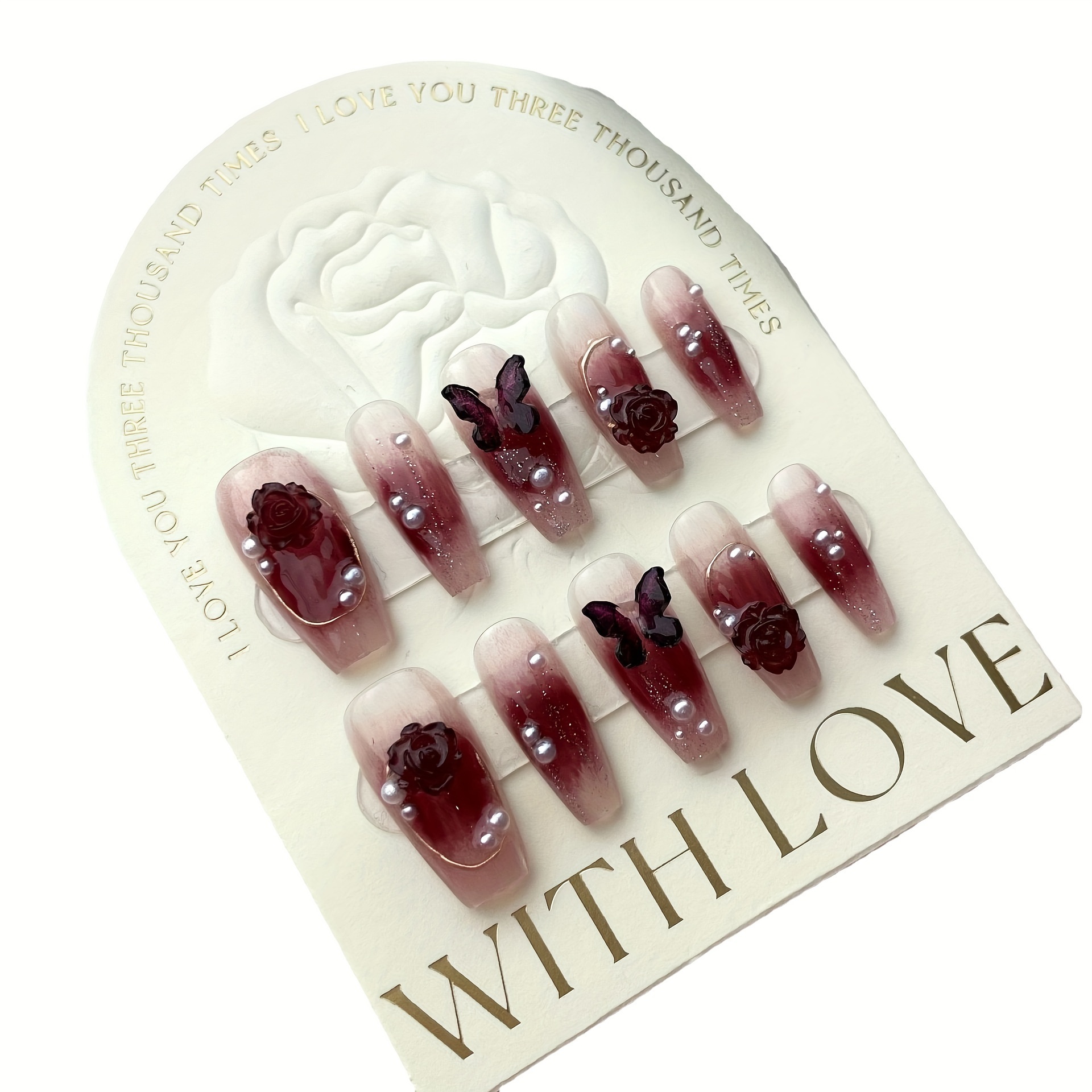 Handmade Press Nails Red Blush Nails Burgundy Color 3d - Temu