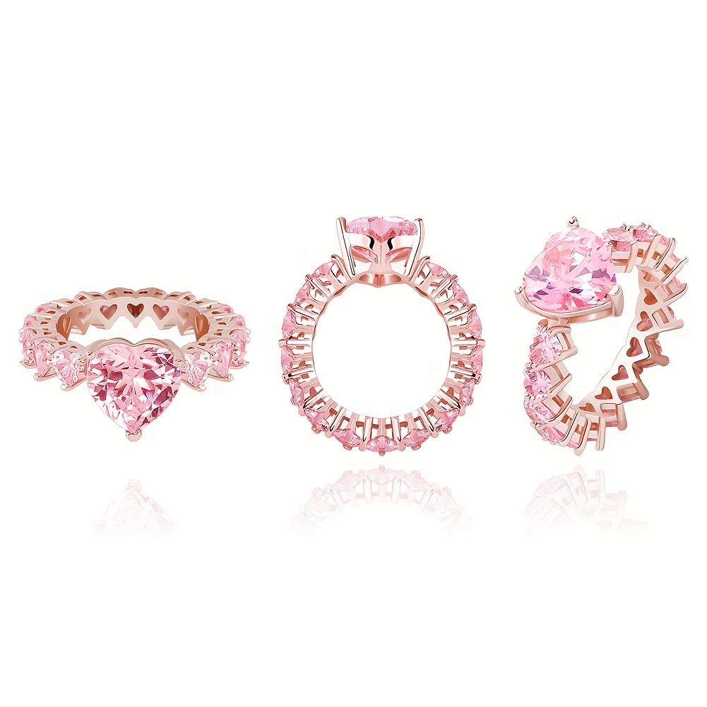 1PC Pink Heart Wedding Baguette Band Solitaire Ring Iced Out Golden  Sparkling Cubic Zirconia Halo Ring Promise Love Rings Birthday Friendship  Gift For