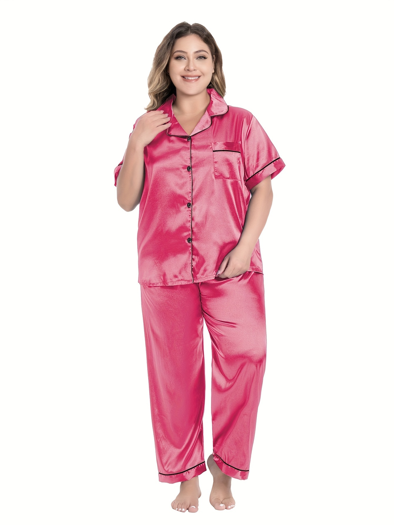 Plus Size Satin Long Sleeve Button Shirt Pants Pajama Set - Temu Canada