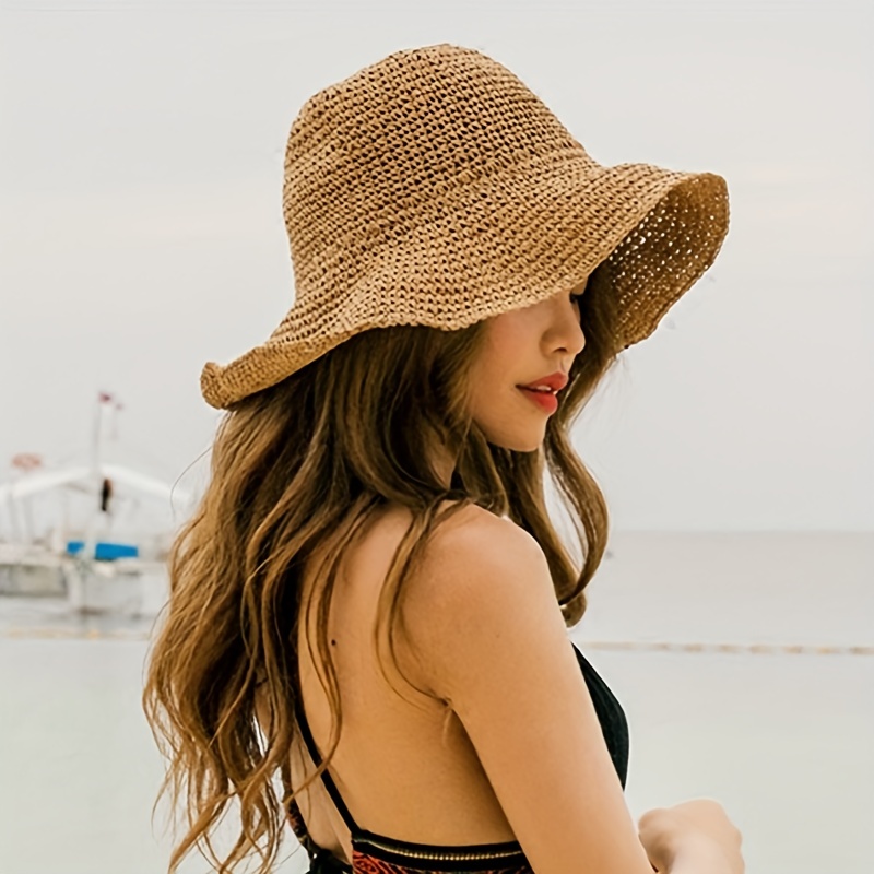 Sombrero de paja para mujer, visera ancha, para verano, protección UV,  gorra de playa, plegable, estilo coreano