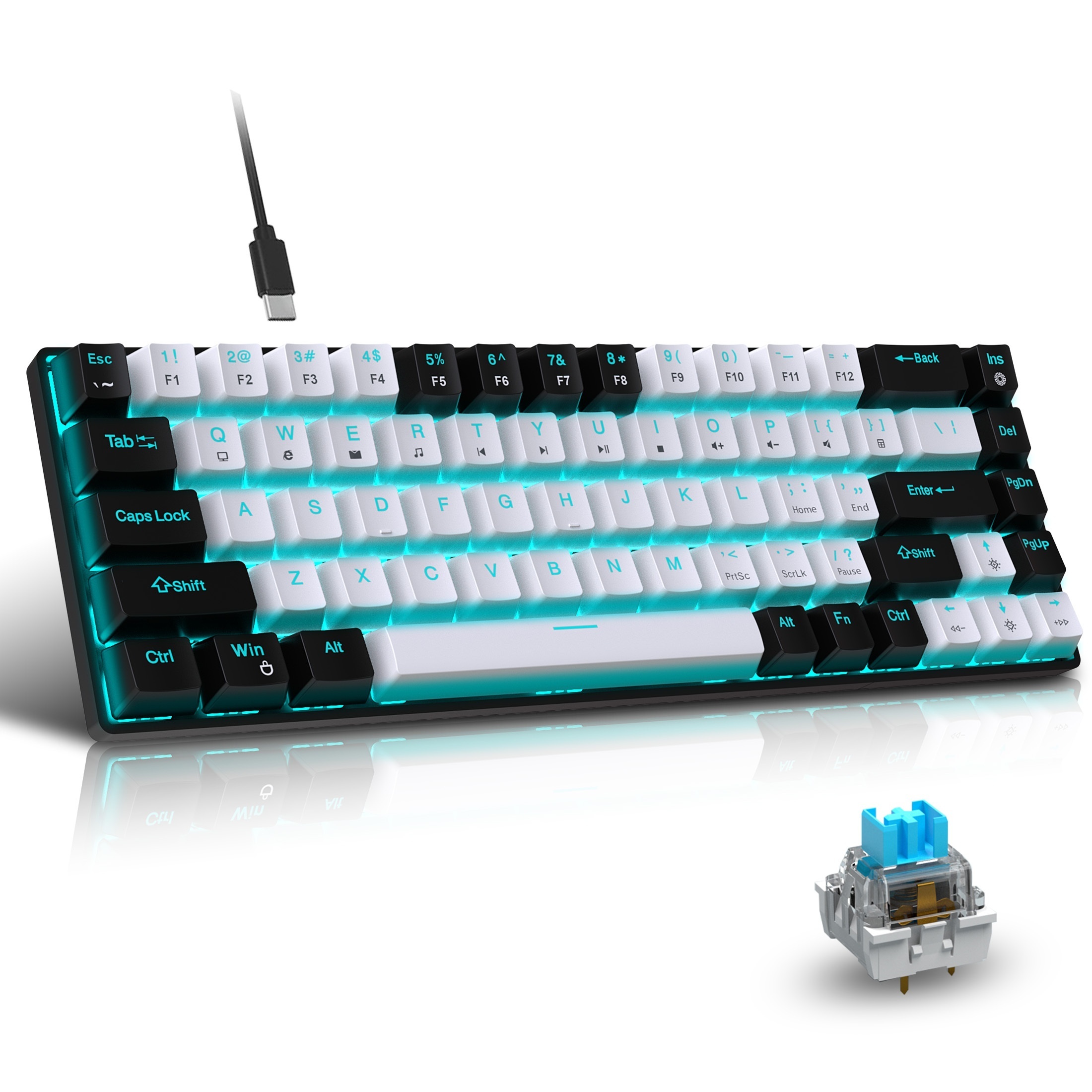 Portable 60% Mechanical Gaming Keyboard, Ice Blue LED Backlit Compact 68  Keys Mini Wired Office Keyboard With Blue Switch For Windows Laptop PC For  Mac Gift For Birthday/Easter/President's