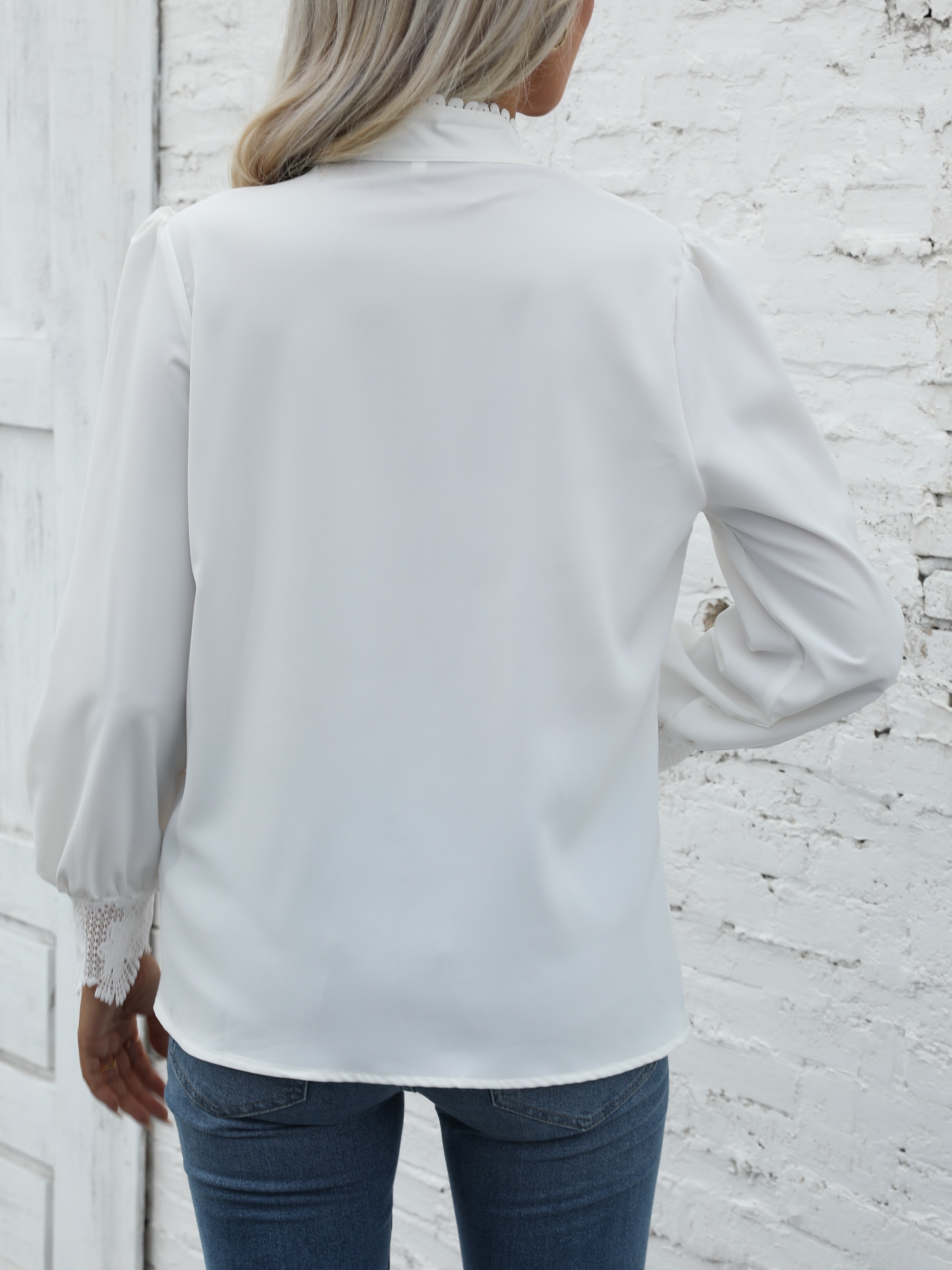 Blusa Blanca De Manga Larga Con Cuello Alto Para Mujer, Camisa De Encaje  Calado 