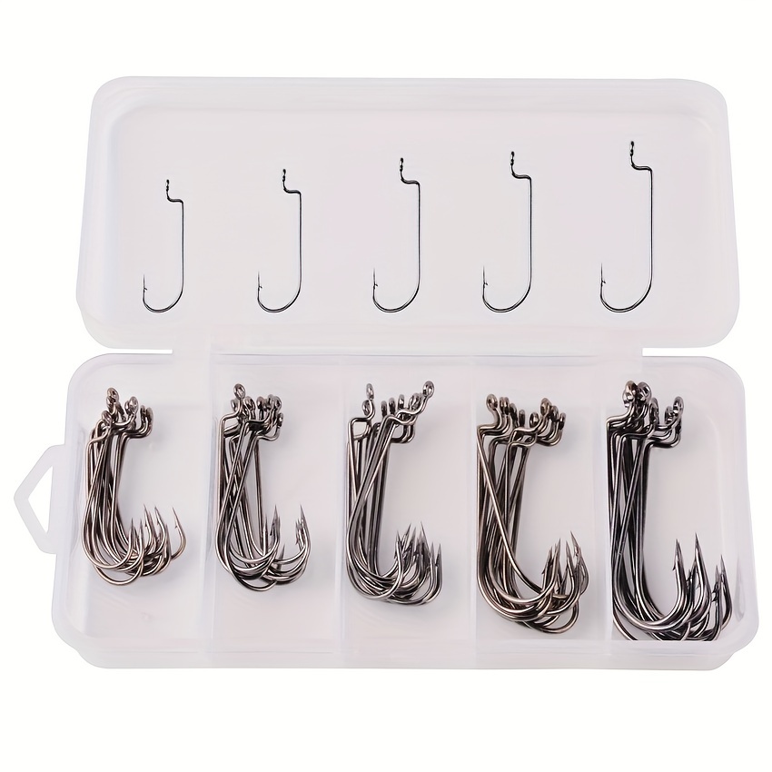 50pcs/box Fishing Offset Worm Hooks EWG-Offset Mixed Size Fishing Hooks  Round Bend Offset Worm Hooks Wide * Hooks With Barbed Shank #2#1 1/0 2/0 3/0